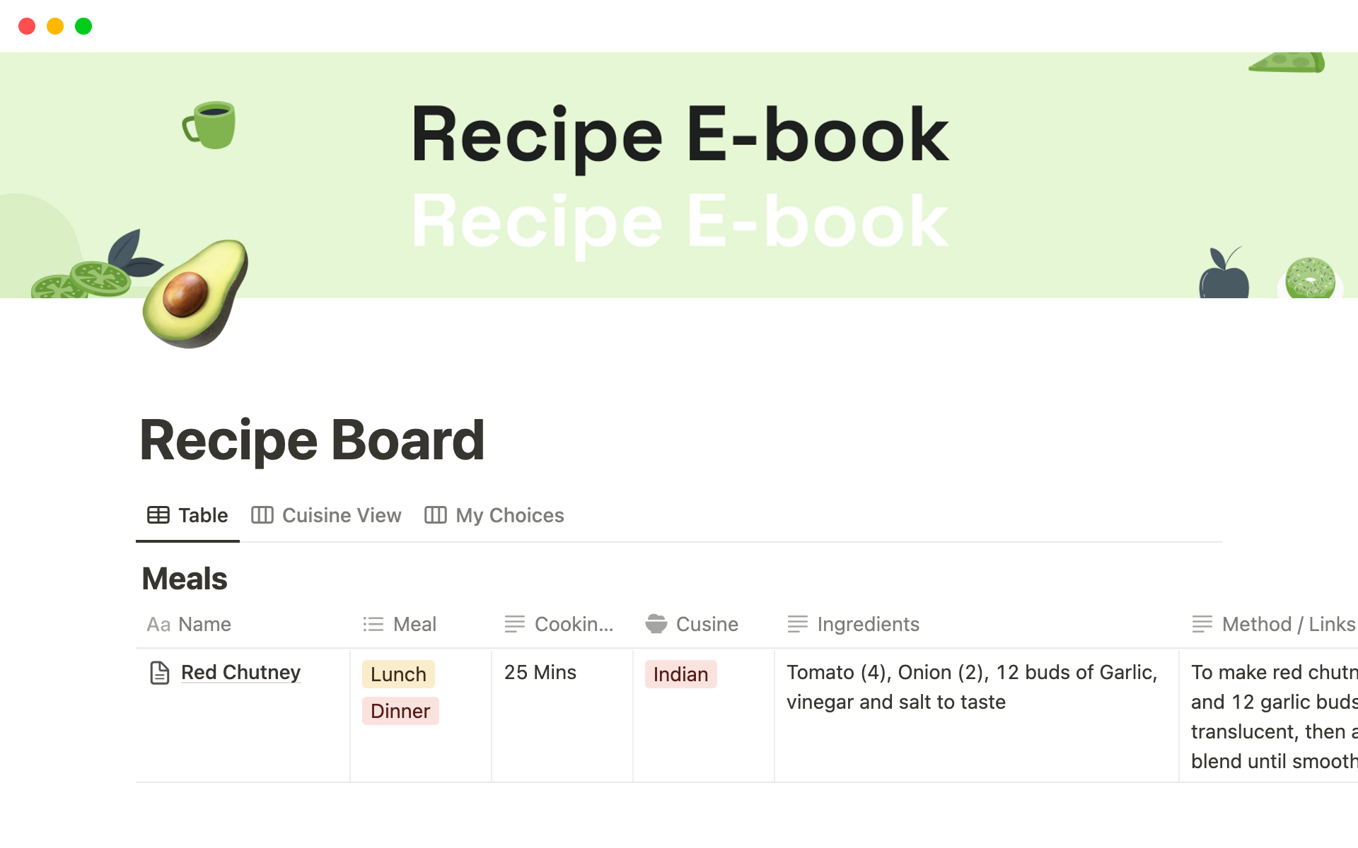 A template preview for Recipe Board