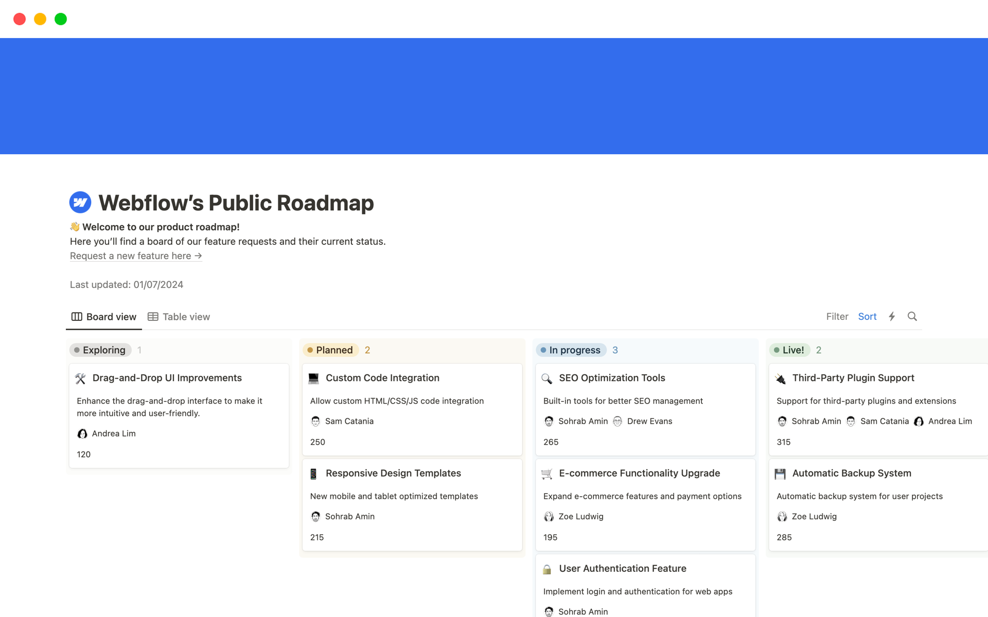 A template preview for Webflow’s Public Roadmap