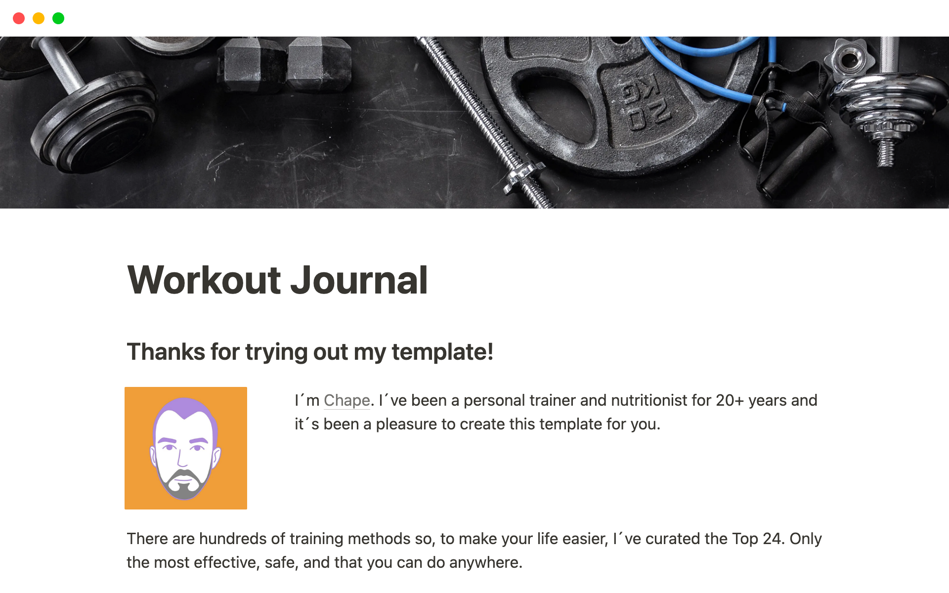 A template preview for Workout Journal