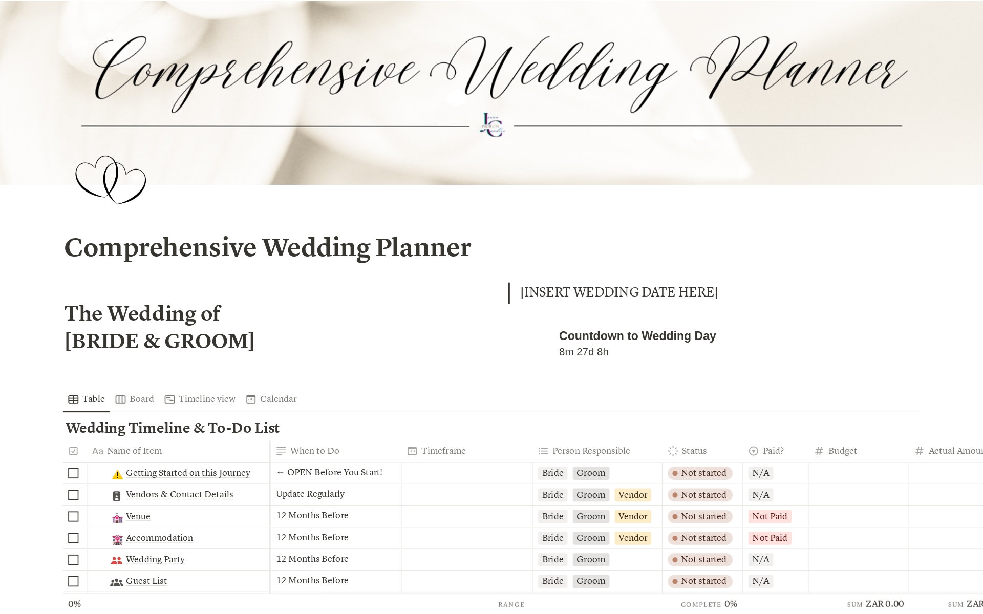 A template preview for Comprehensive Wedding Planner