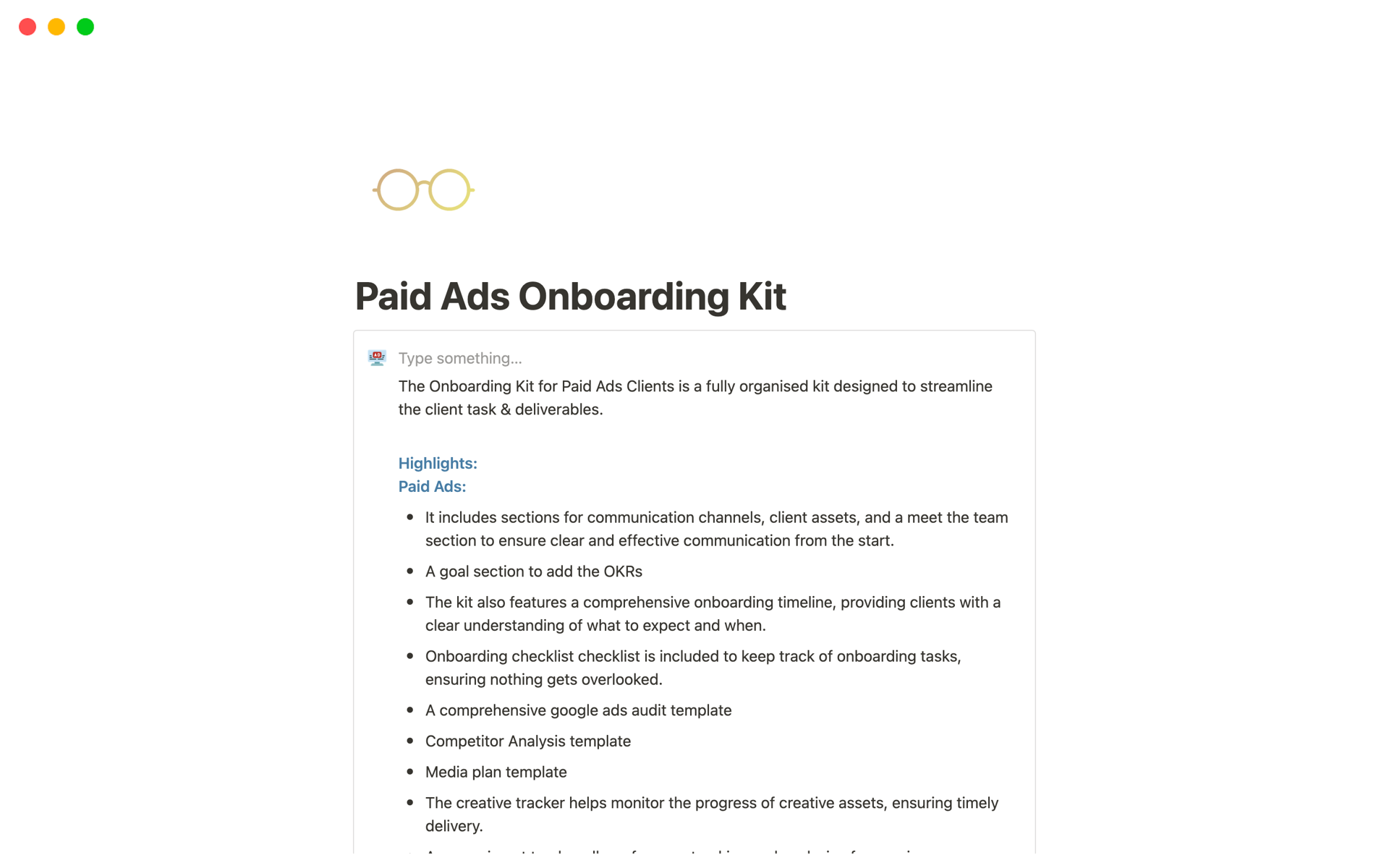 A template preview for Paid Ads Onboarding Kit