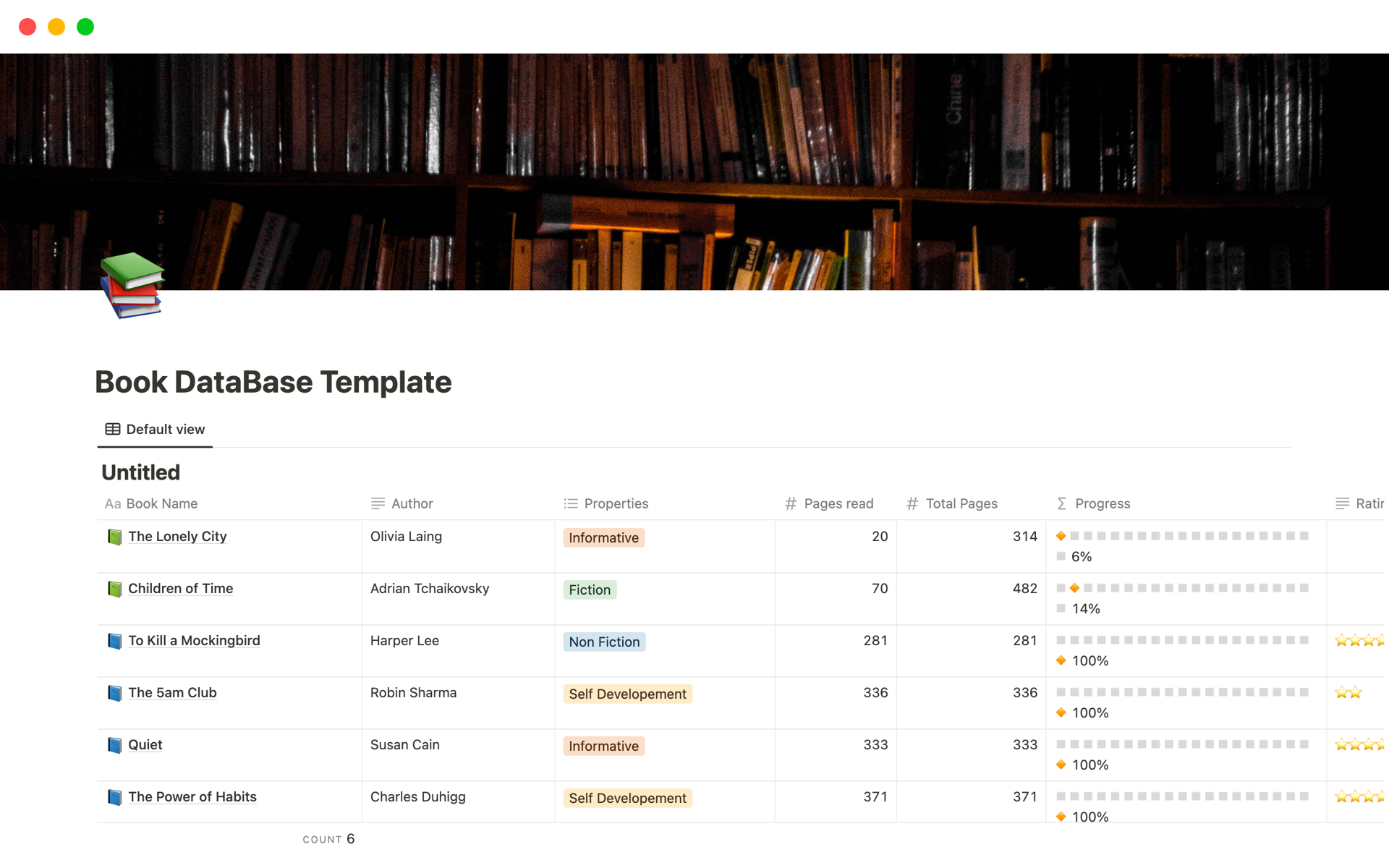 En forhåndsvisning av mal for Book DataBase Template
