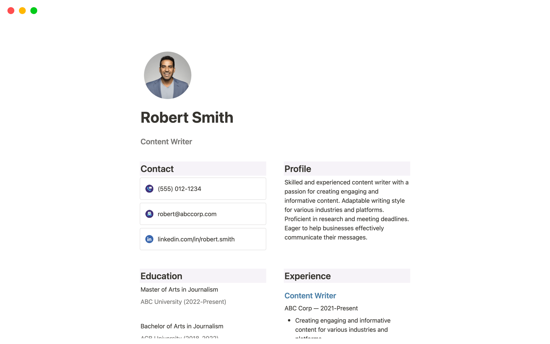 This Notion resume template provides an overview of your professional qualifications.