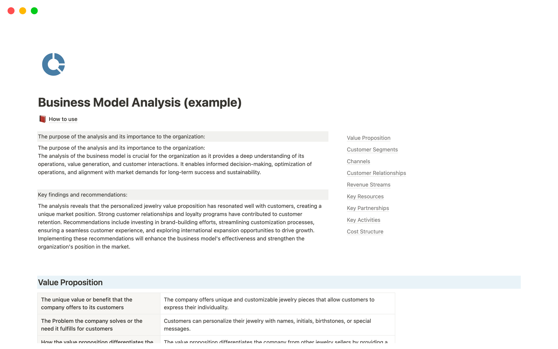 A template preview for Business Model Analysis