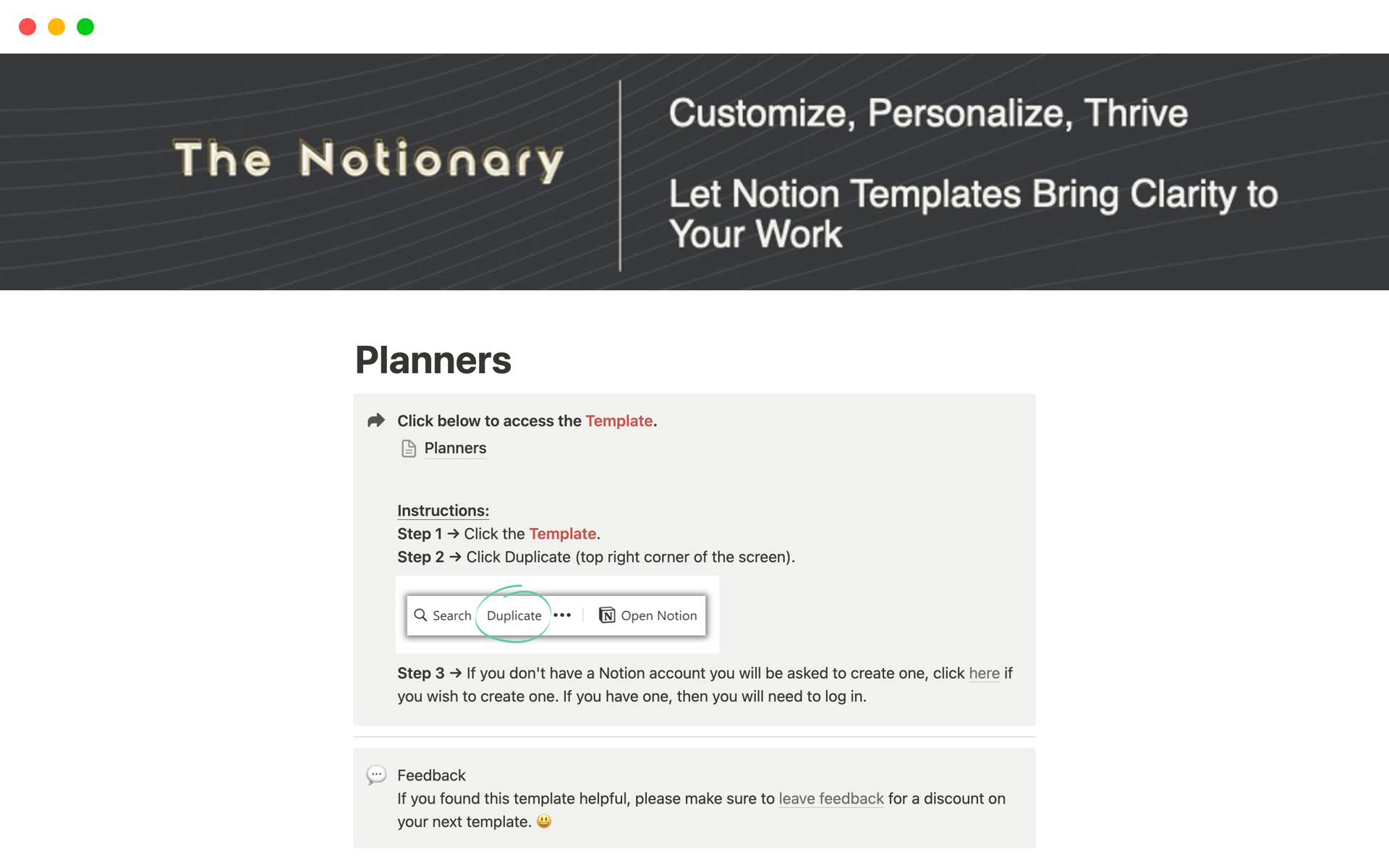 A template preview for Planners