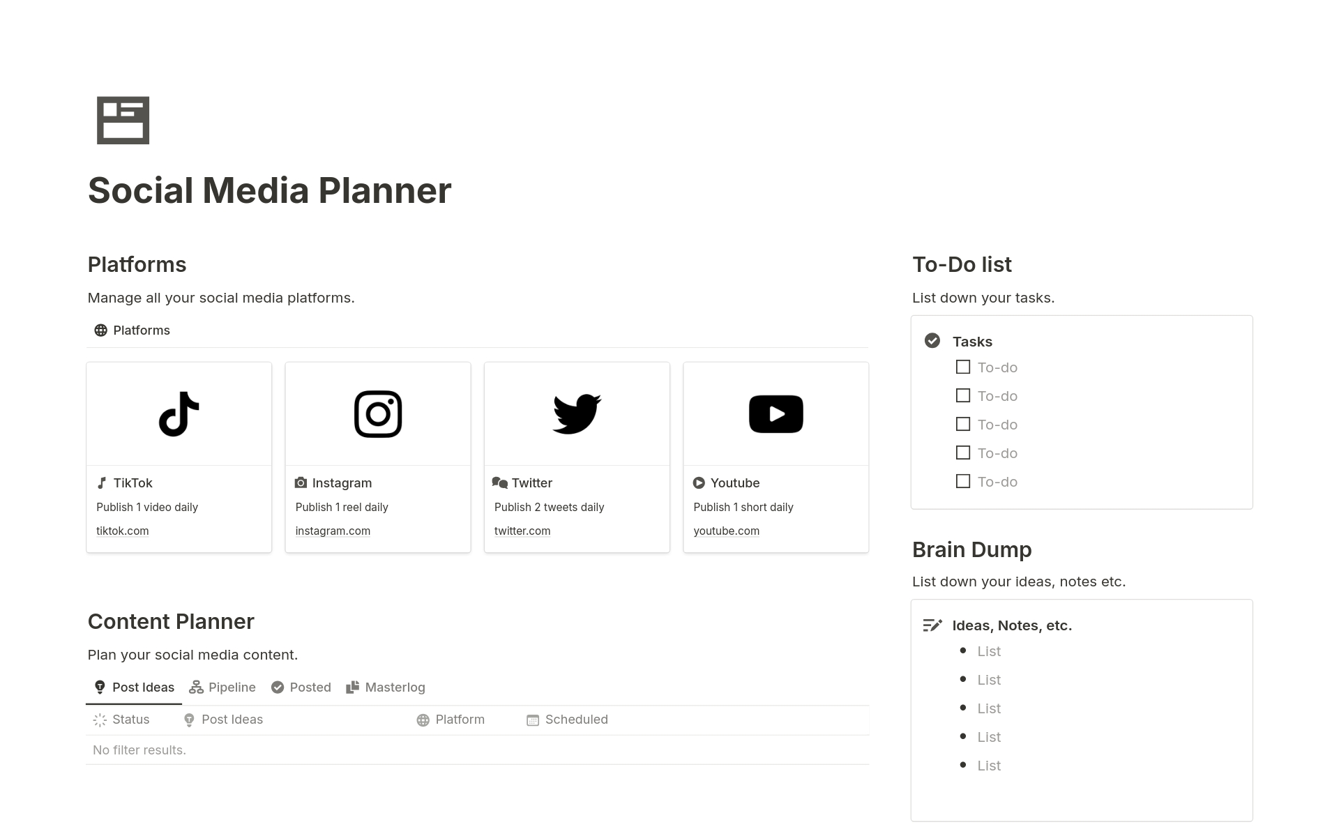 Discover the ultimate Notion-powered Social Media Planner, revolutionizing your online presence with limitless channels, effortless content tracking, streamlined to-do lists, and a dedicated Brain Dump for creative inspiration!