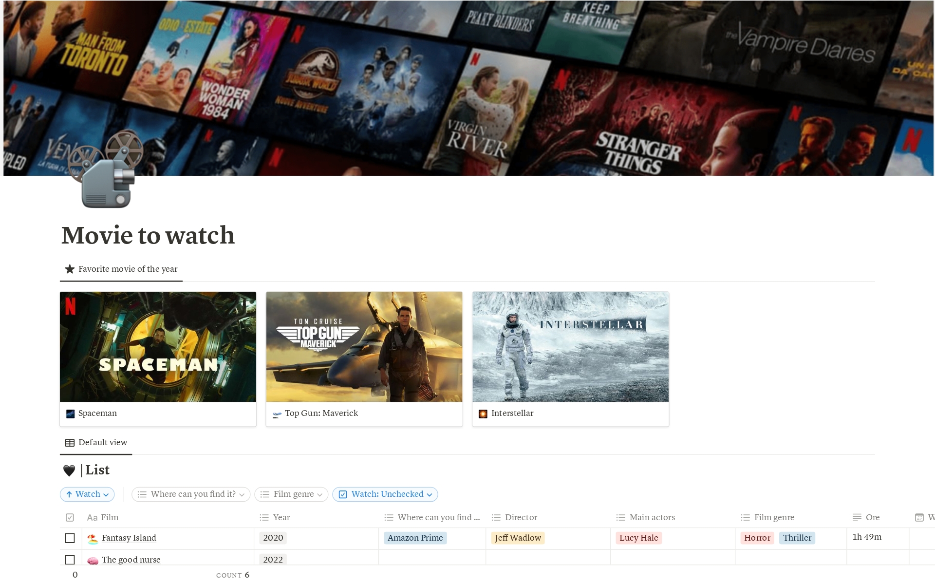 This template is designed to help you organize and keep track of the movies you want to watch. It's divided into several sections: Movies to watch; Watched movies; Favorite movies of the year.