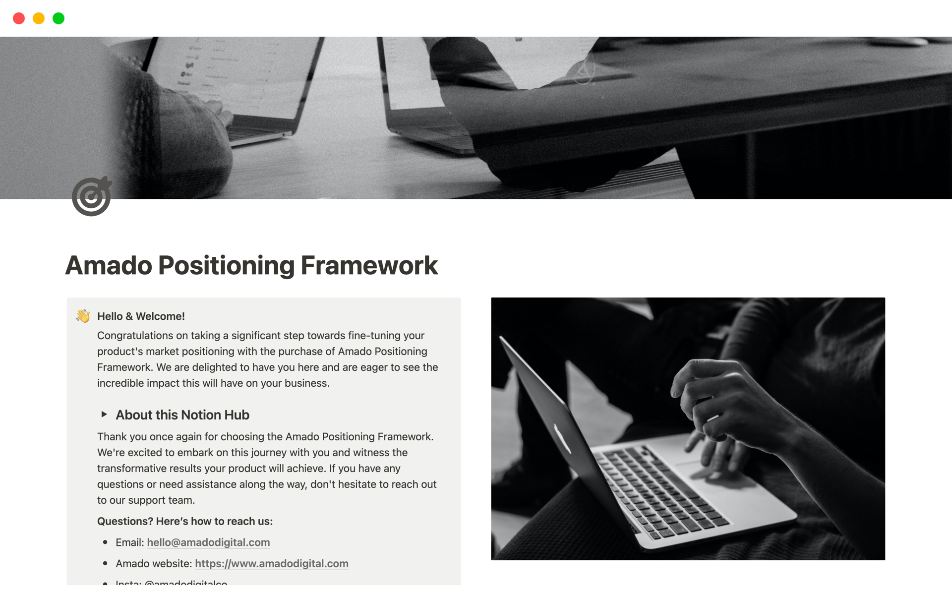 En forhåndsvisning av mal for Business Positioning Framework