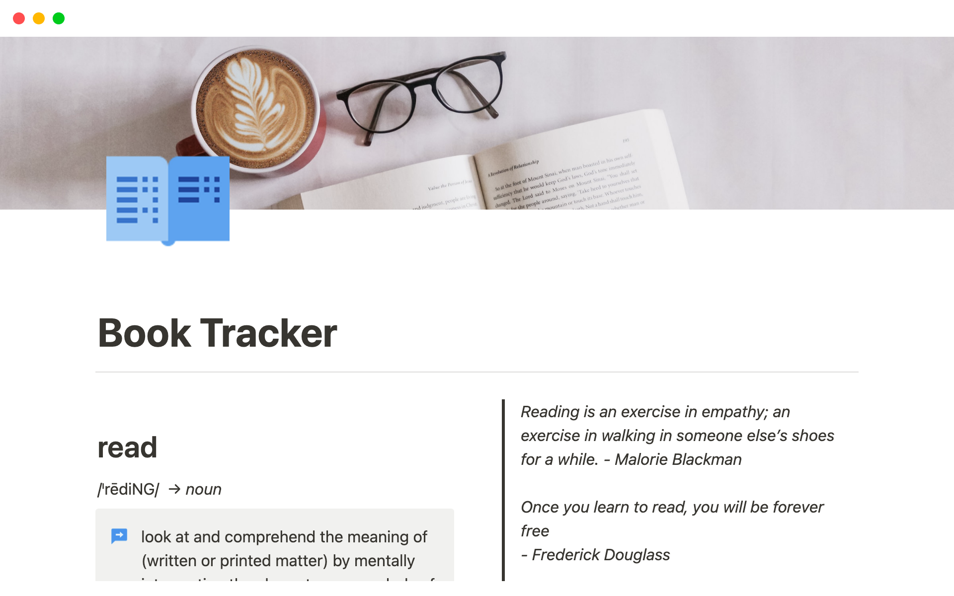 A template preview for Basic Book Tracker