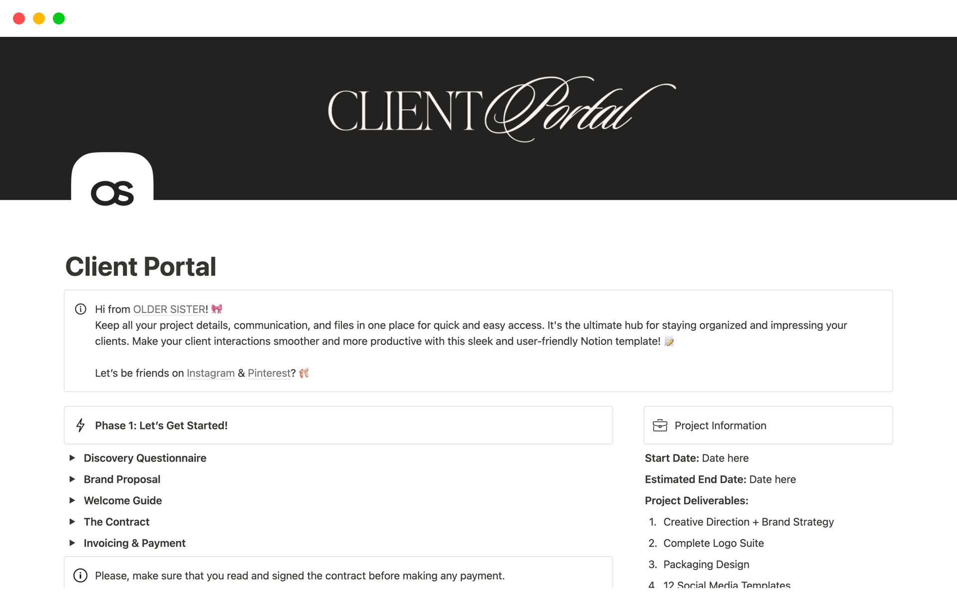Keep all your project details, communication, and files in one place for quick and easy access. It's the ultimate hub for staying organized and impressing your clients. Make your client interactions smoother and more productive with this sleek and user-friendly template! 📝💻✨💼
