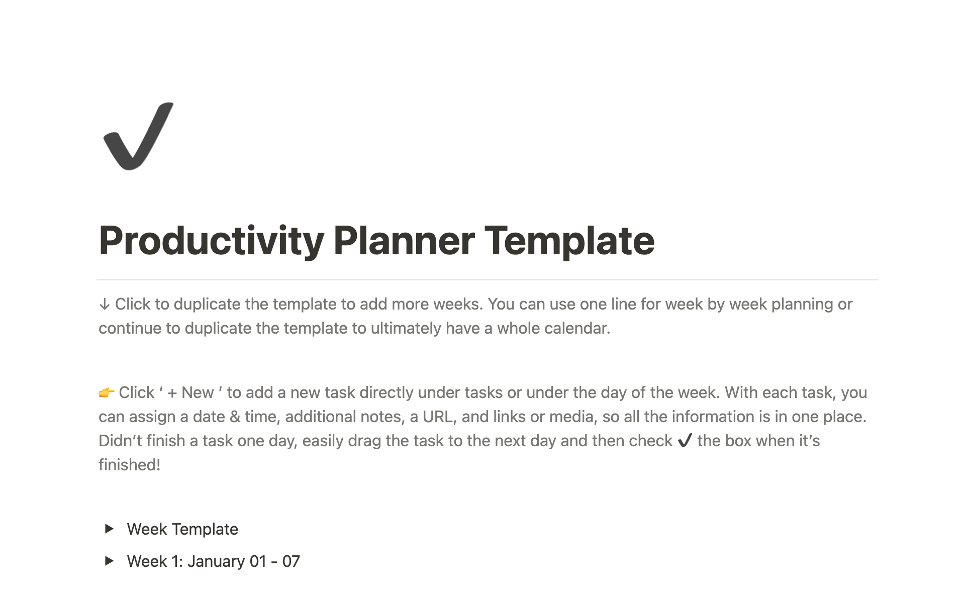 Uma prévia do modelo para Productivity Planner