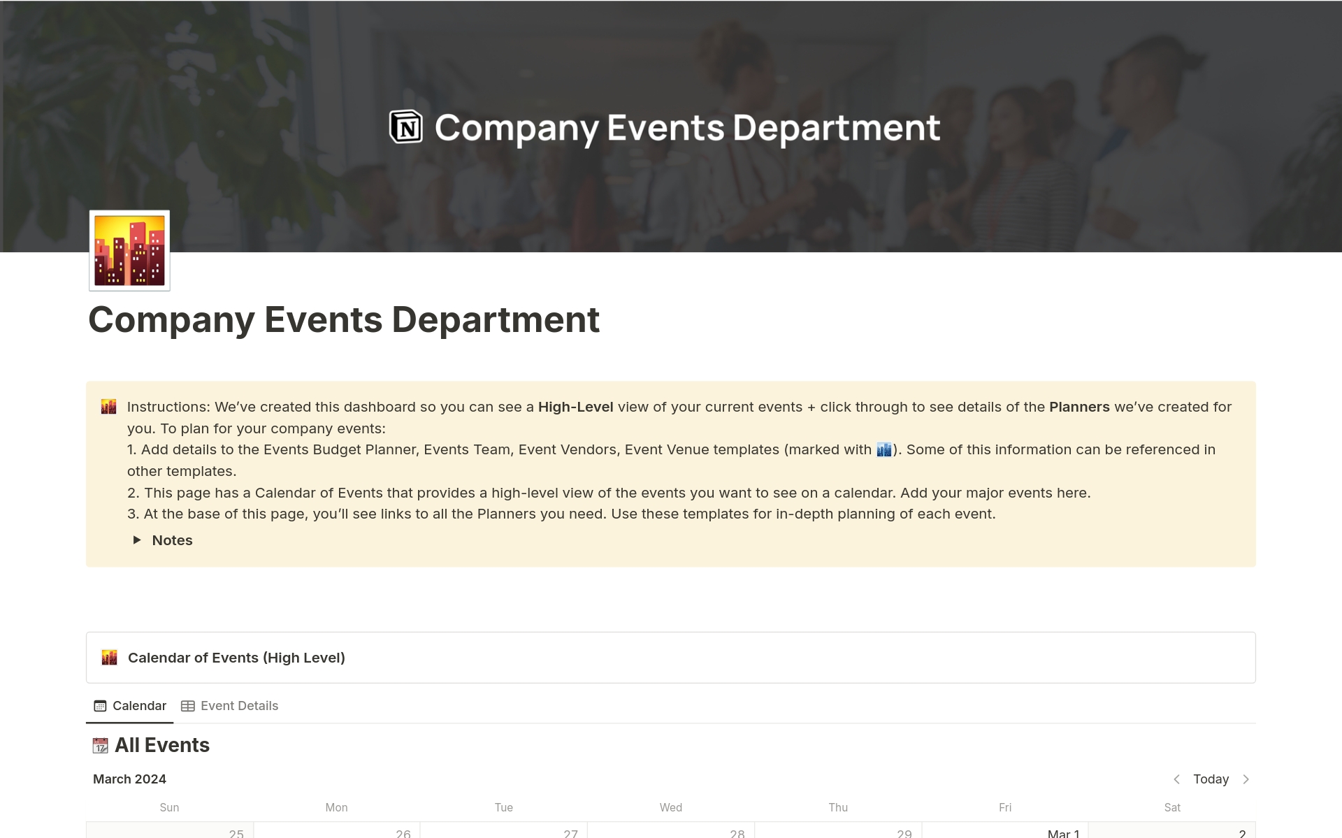 A template preview for Company Events Department