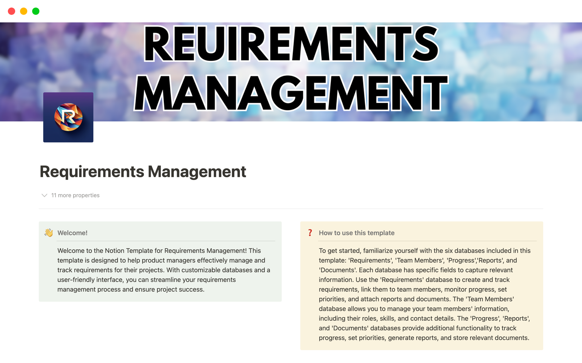 Uma prévia do modelo para Notion for Requirements Management