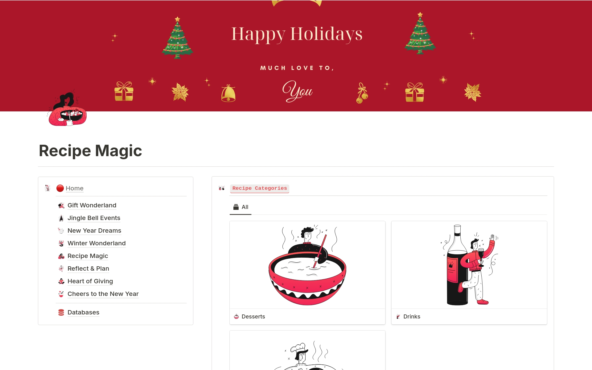 Capture the festive spirit with the 'Festive Joy Journal' Notion template – your all-in-one organizer for holiday events, resolutions, recipes, and charitable giving.