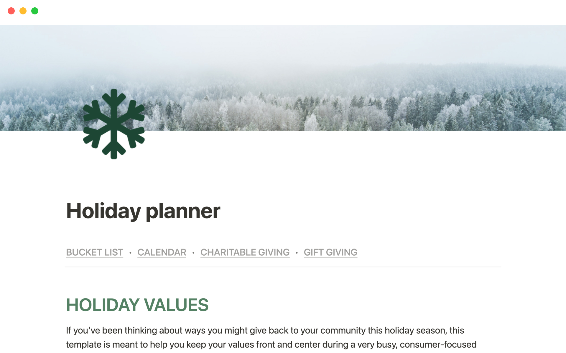 A template preview for Holiday planner