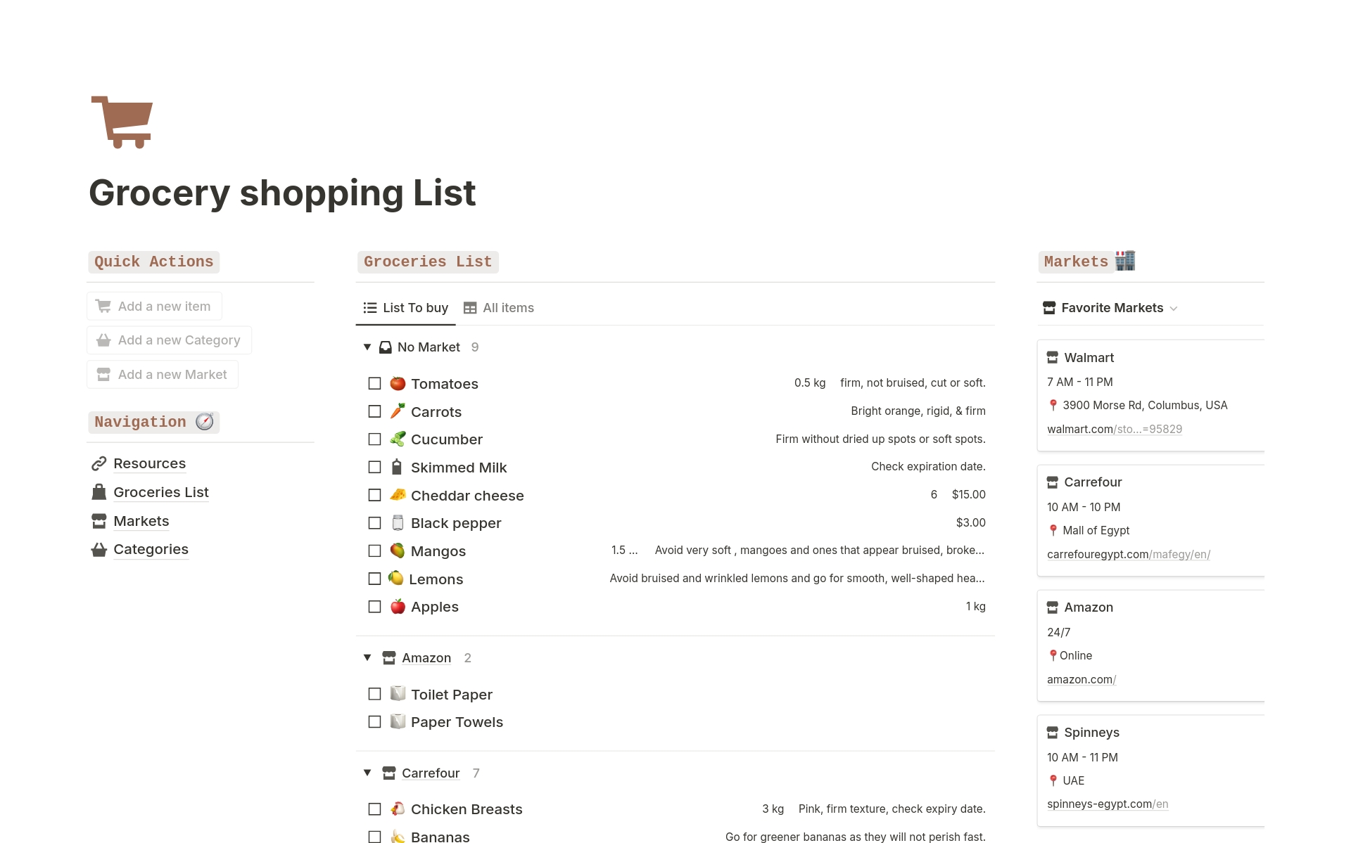 Say farewell to chaotic lists and embrace the convenience and efficiency of the "Grocery Shopping List" Notion template today! 
Simplify your grocery shopping routine, meticulously designed to make your shopping trips efficient and stress-free ensuring nothing is forgotten. 