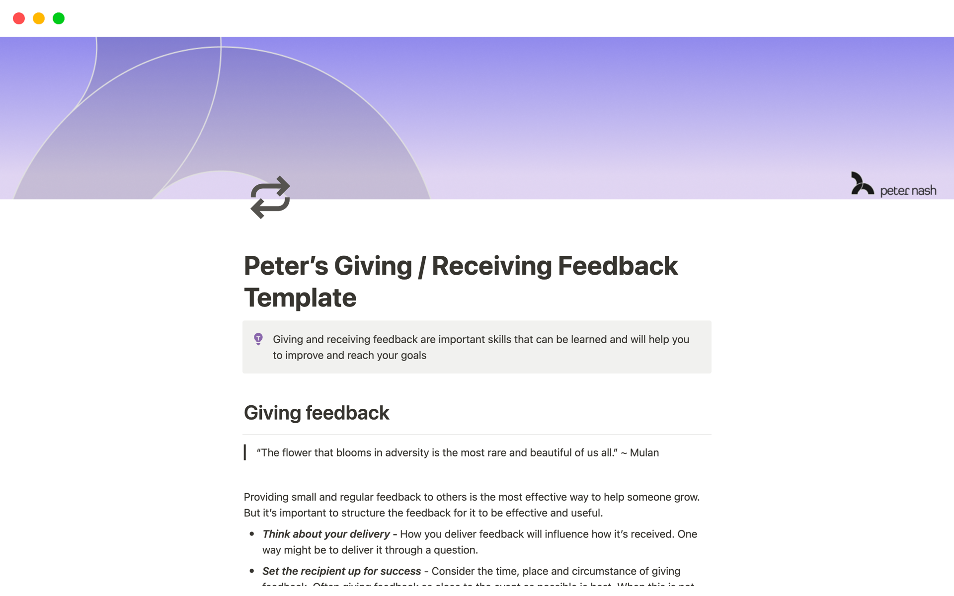 A Notion template to guide the giving and receiving of feedback for professional and team growth.