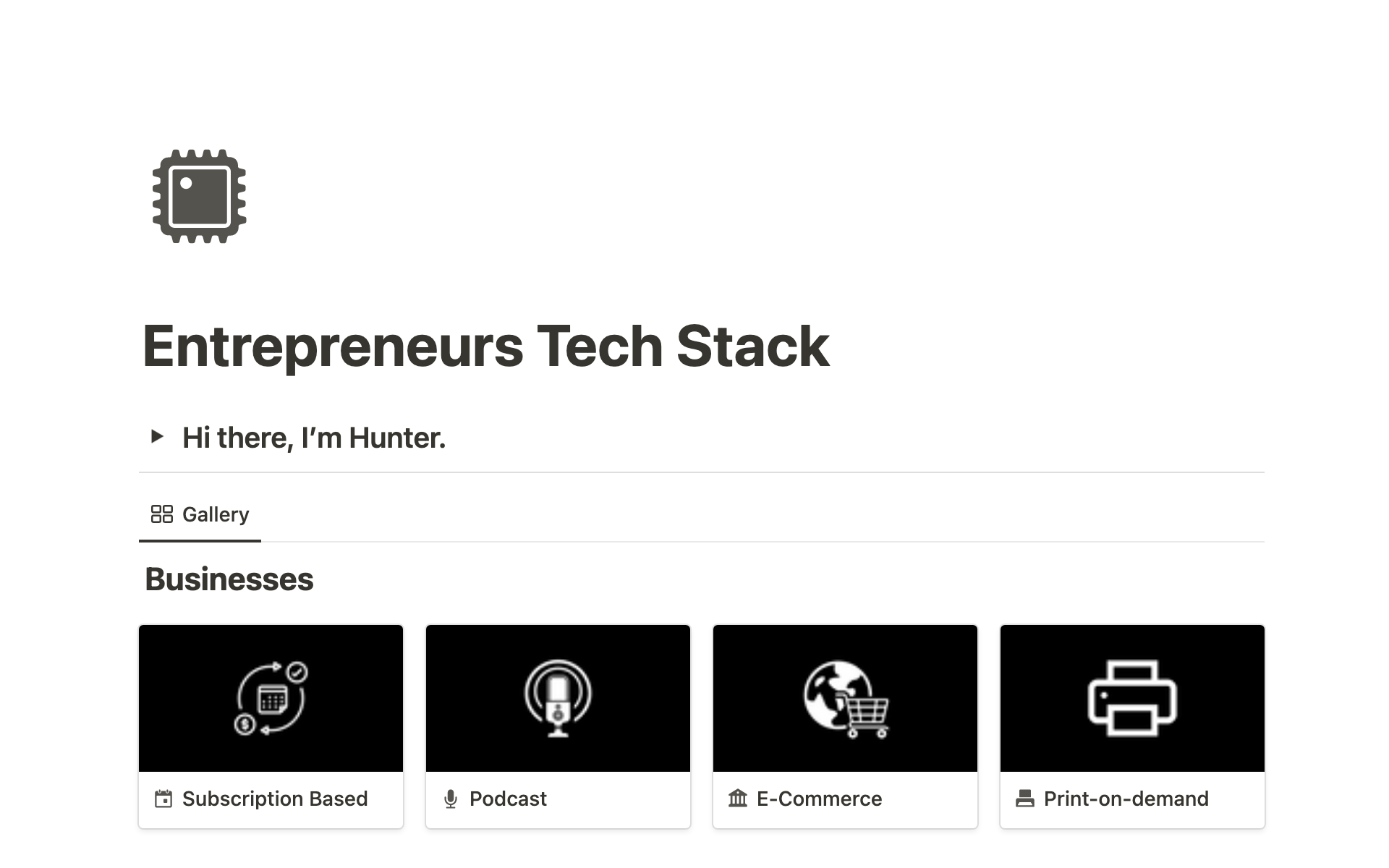 A template preview for The Entrepreneurs Tech Stack