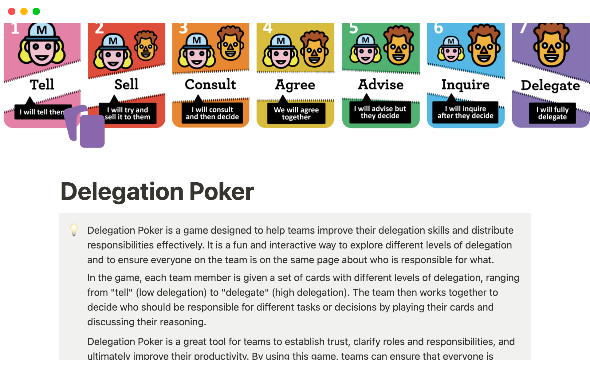 Our customizable Delegation Poker Notion template includes everything you need to facilitate a successful delegation poker session and improve your team's delegation practices.