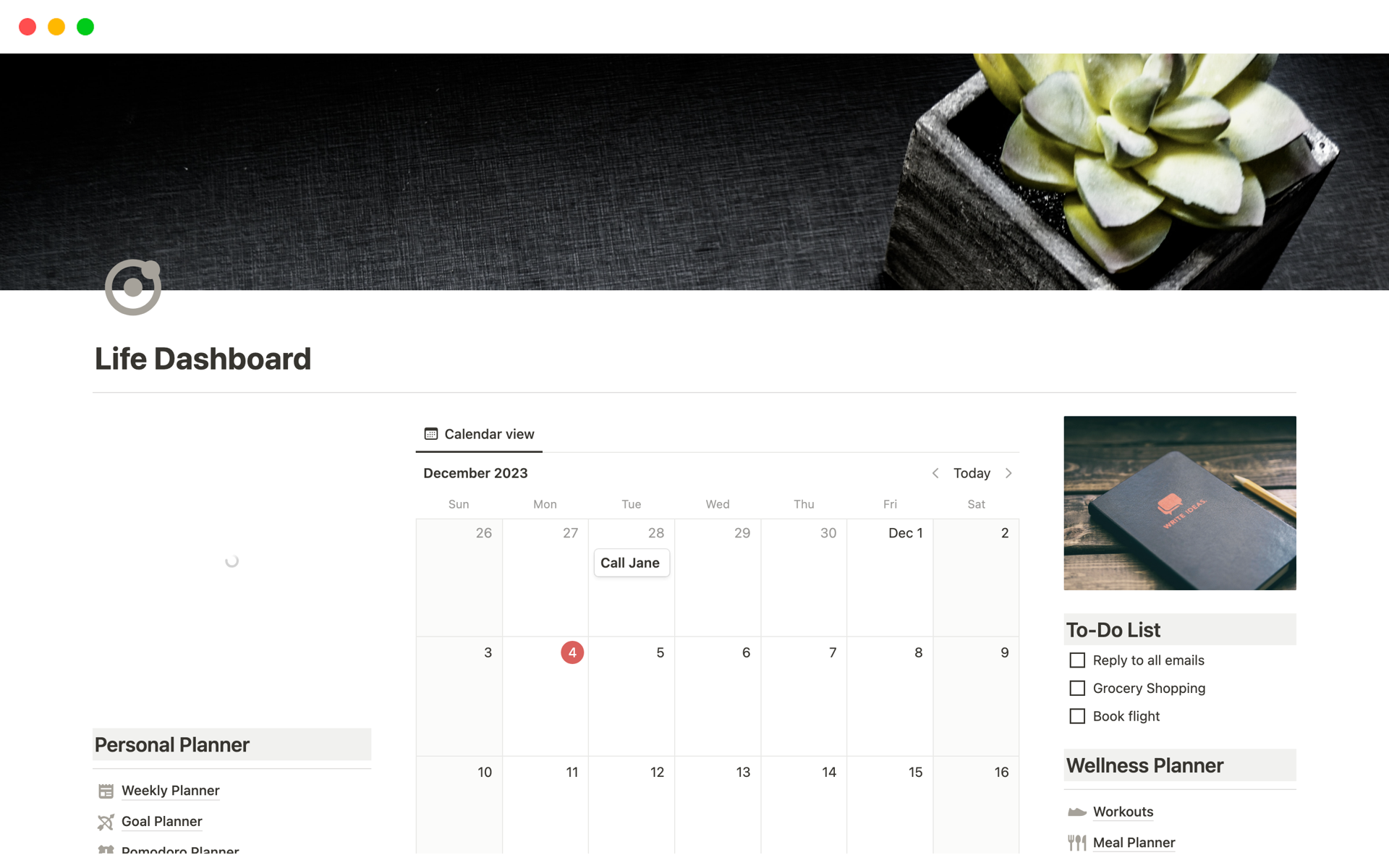 Vista previa de una plantilla para Life Dashboard, Ultimate Life Planner