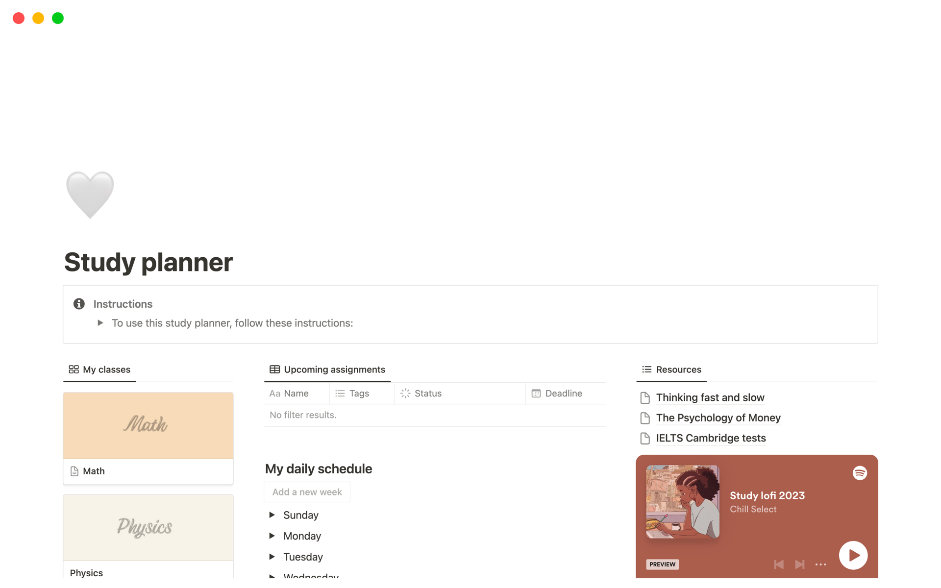Study planner by Natalie Notion Template