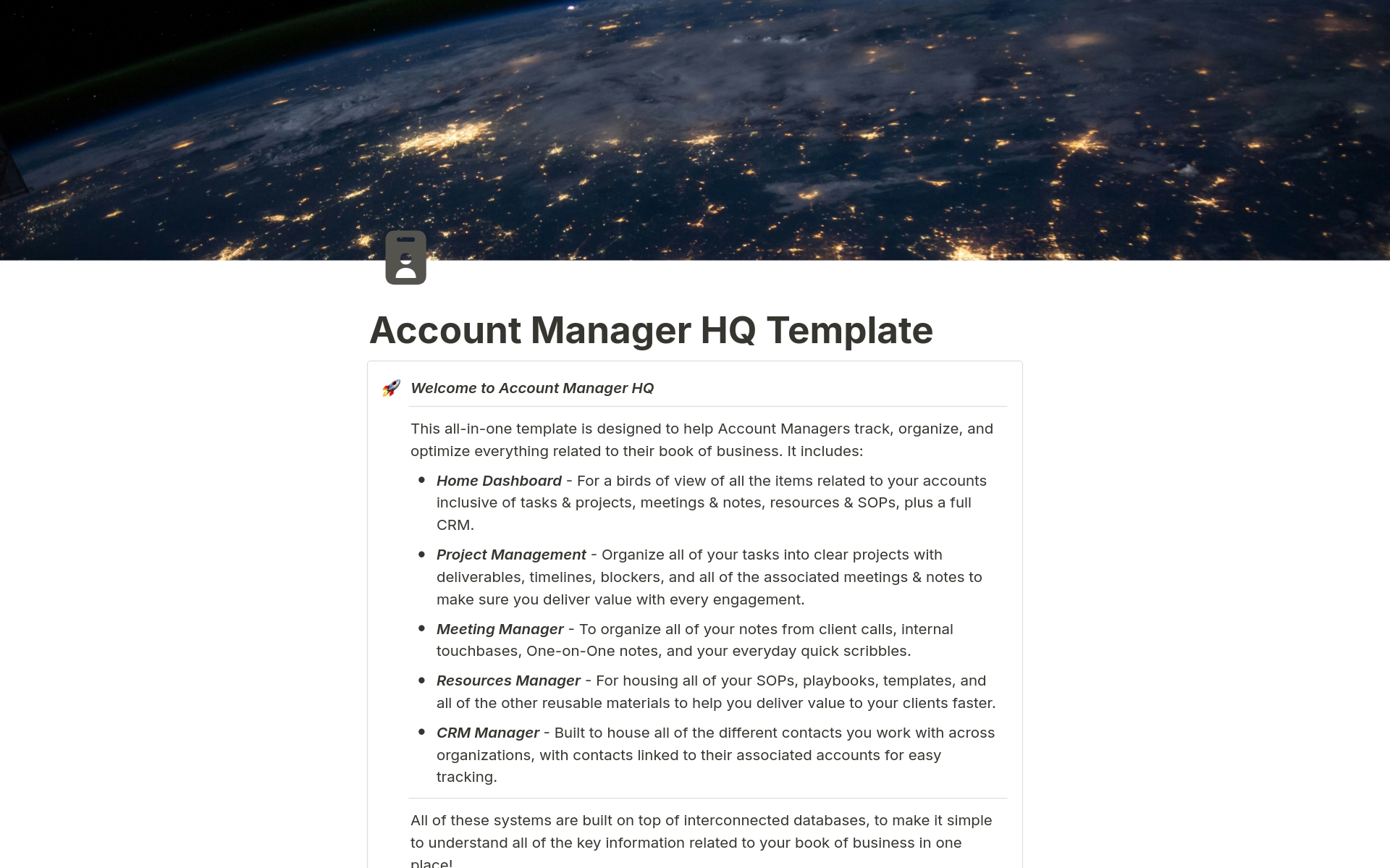 A template preview for Account Management HQ