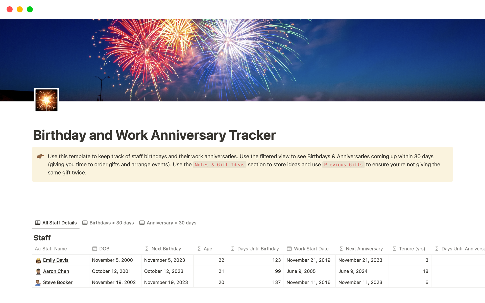 Use this template to keep track of staff birthdays and their work anniversaries.