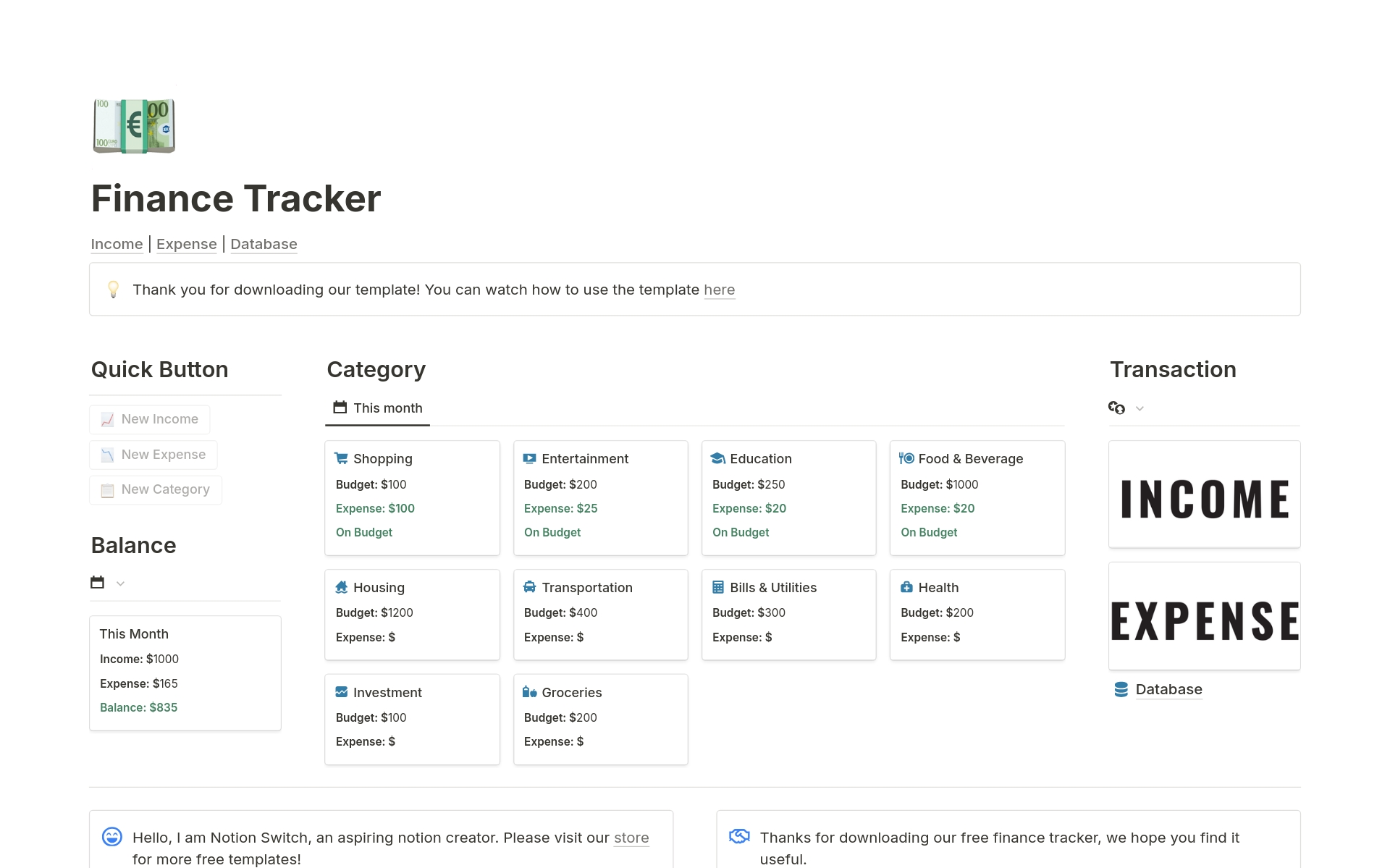 Track your Wealth, Organize your Finance, and Make your Money Thrive.

"Introducing the new Finance Tracker template, your personal financial companion! 💰📊
