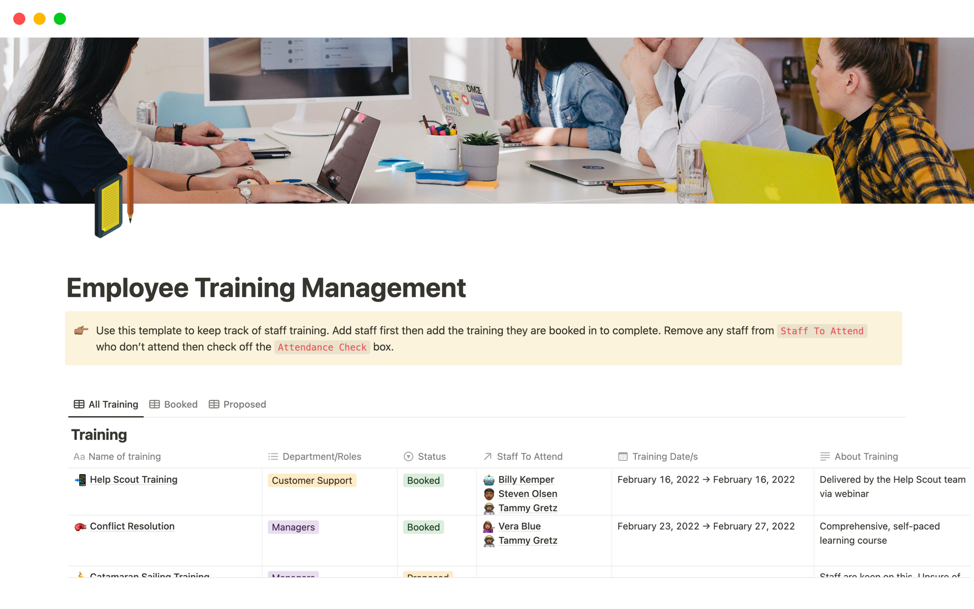 A template preview for Employee Training Management