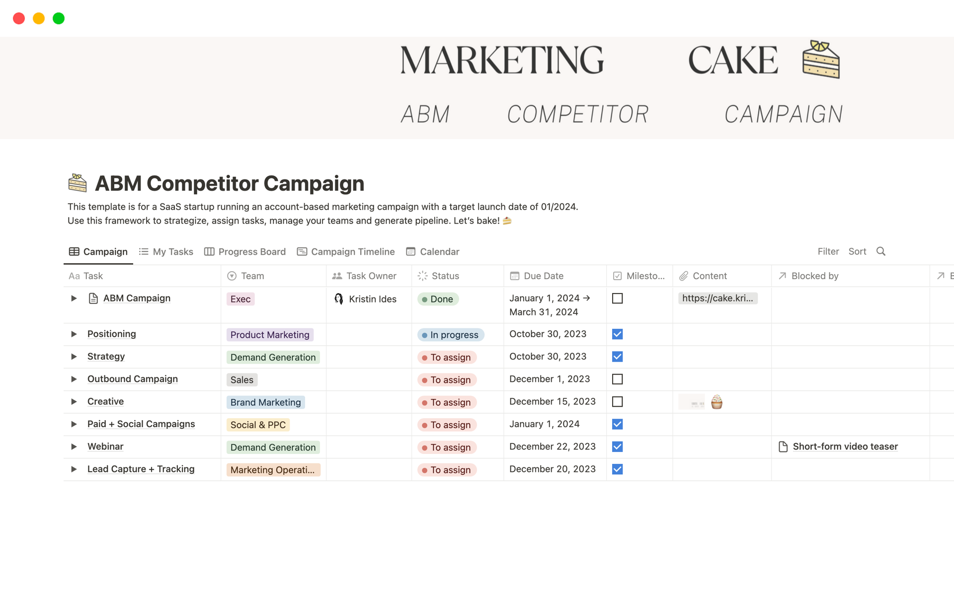 Strategize, plan and execute your next ABM competitor campaign with this free template from Marketing Cake.