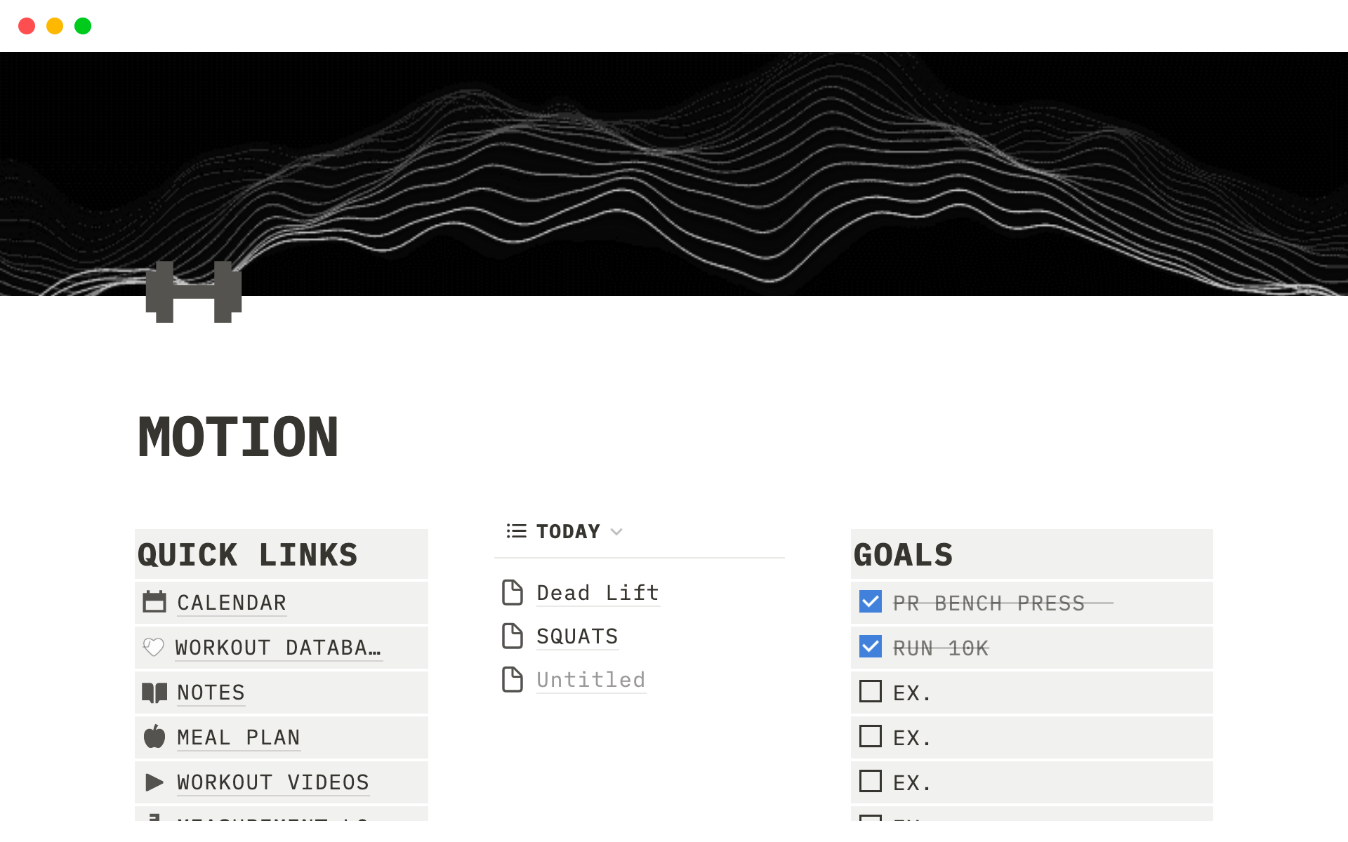 A template preview for Motion Fitness Planner
