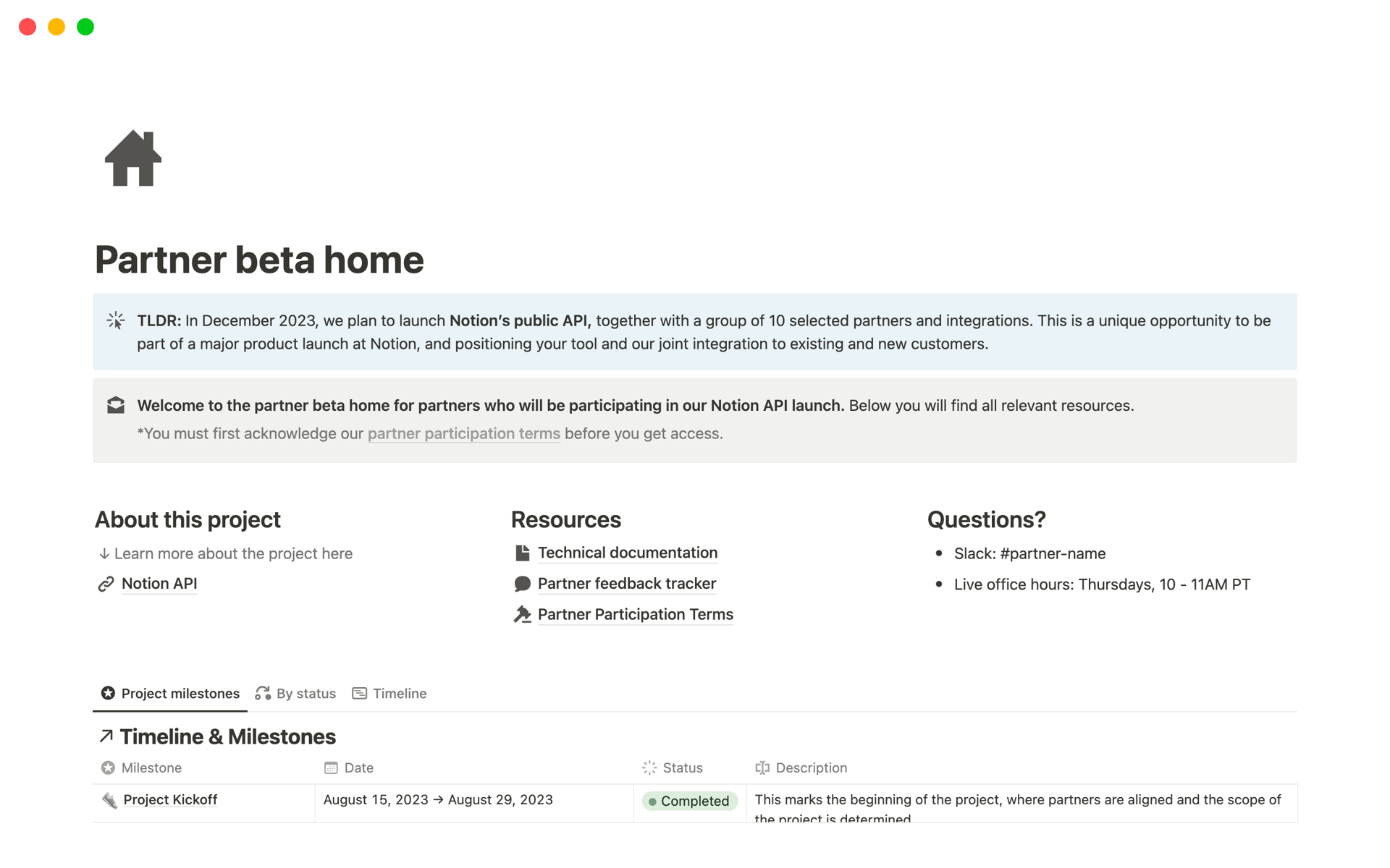 A template preview for Partner beta home