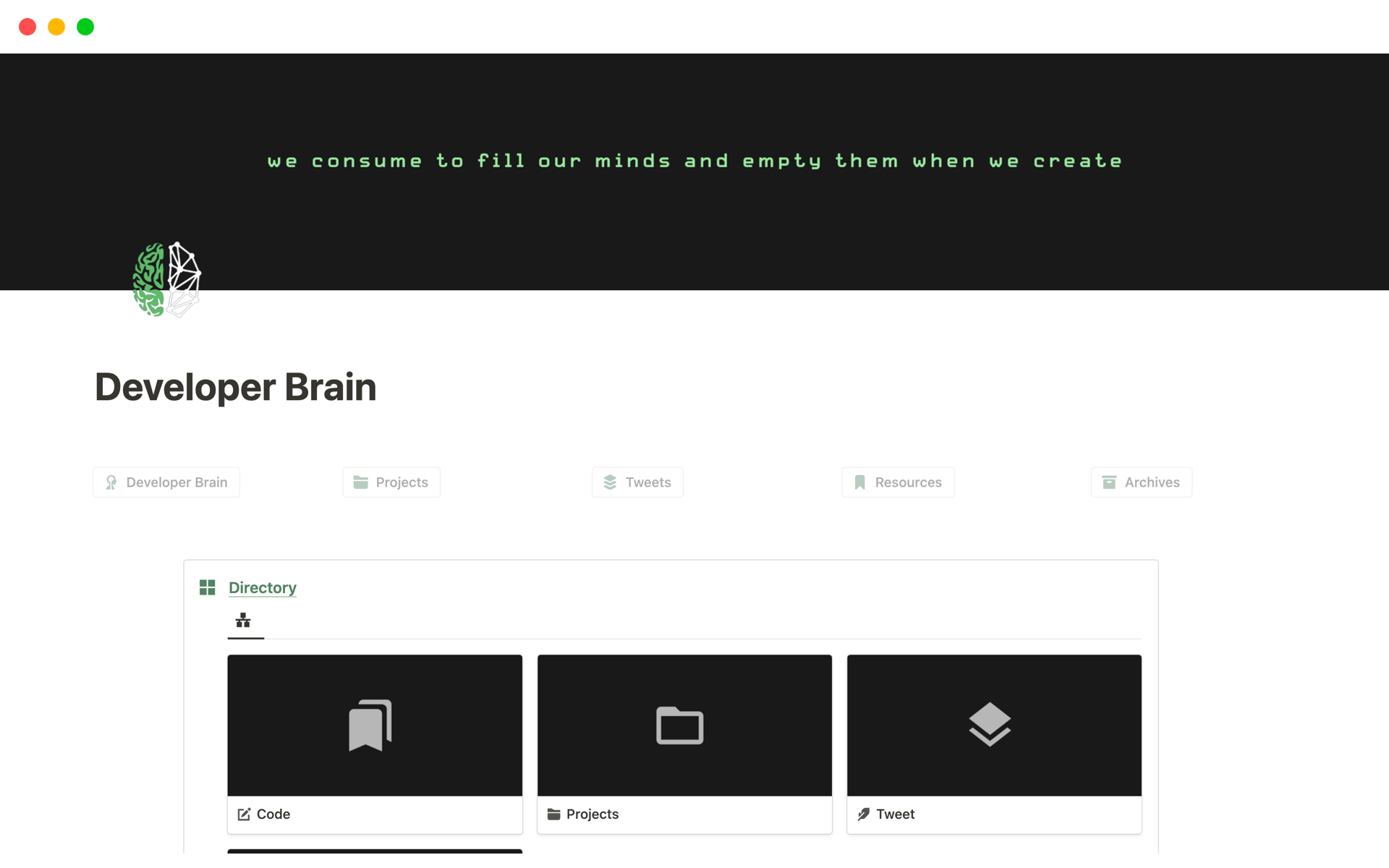 Developer Brain" is a Notion template simplifying project planning, code management, and collaboration for developers.