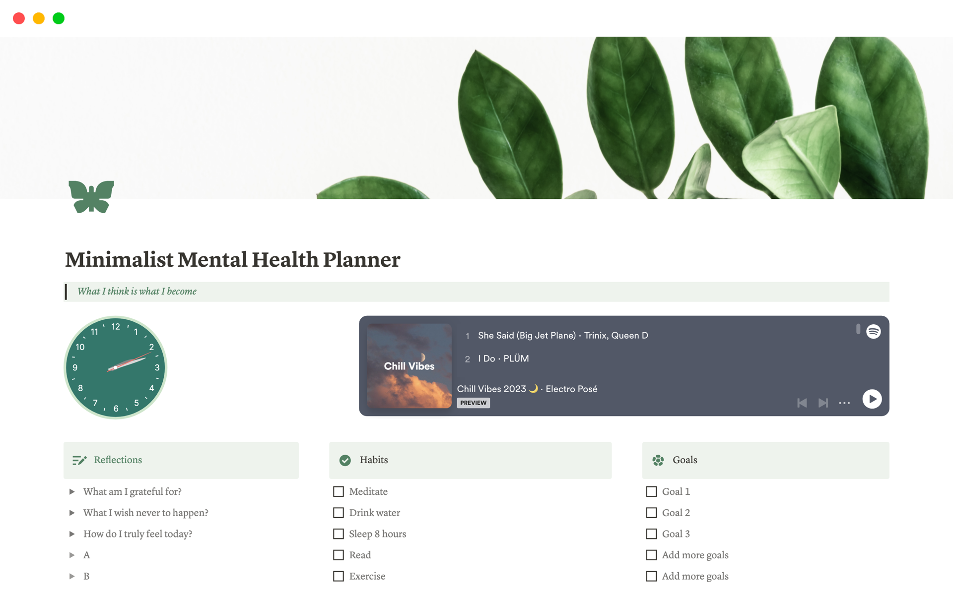 A template preview for Minimalist Mental Health Planner