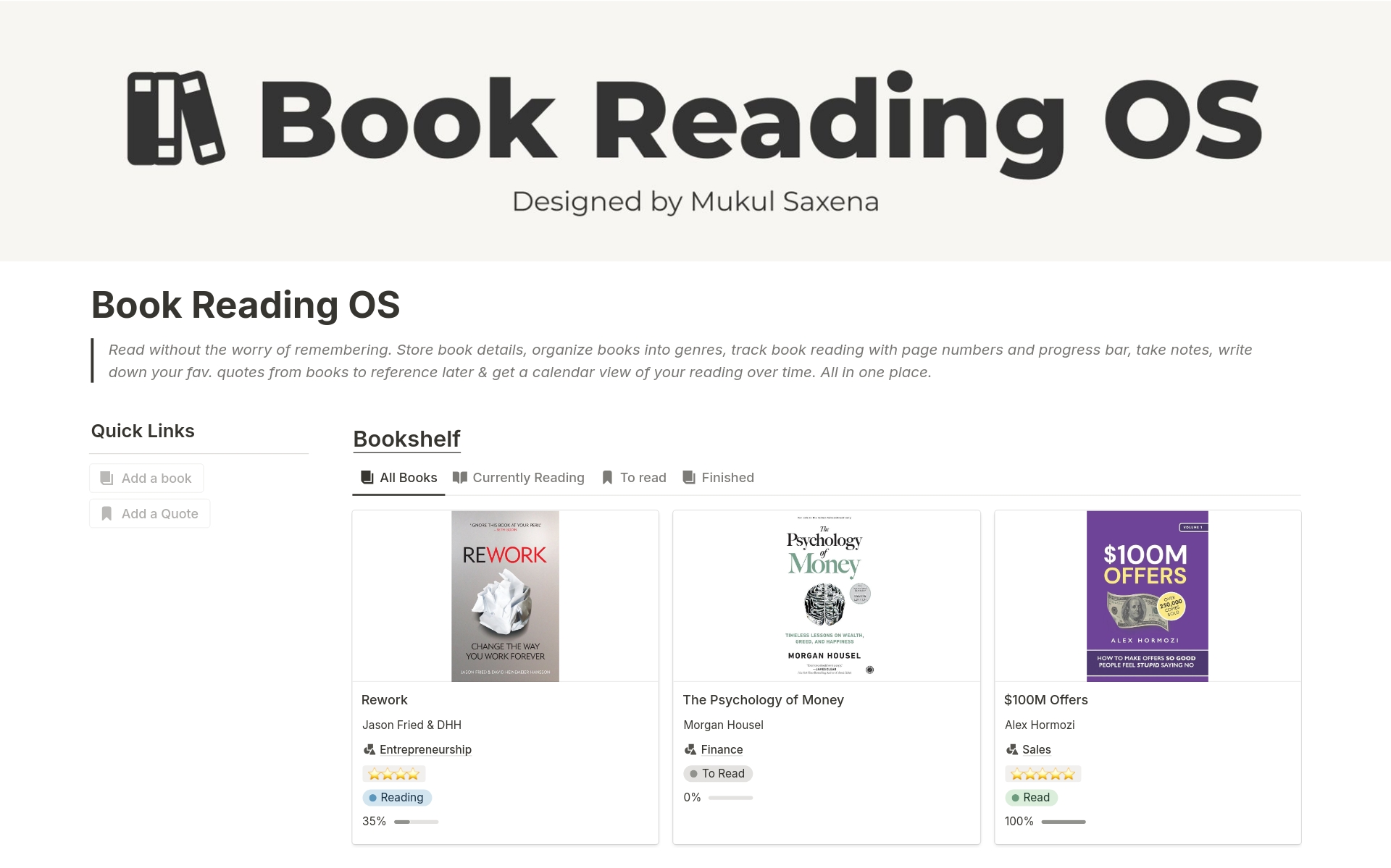 En förhandsgranskning av mallen för Book Reading Tracker OS