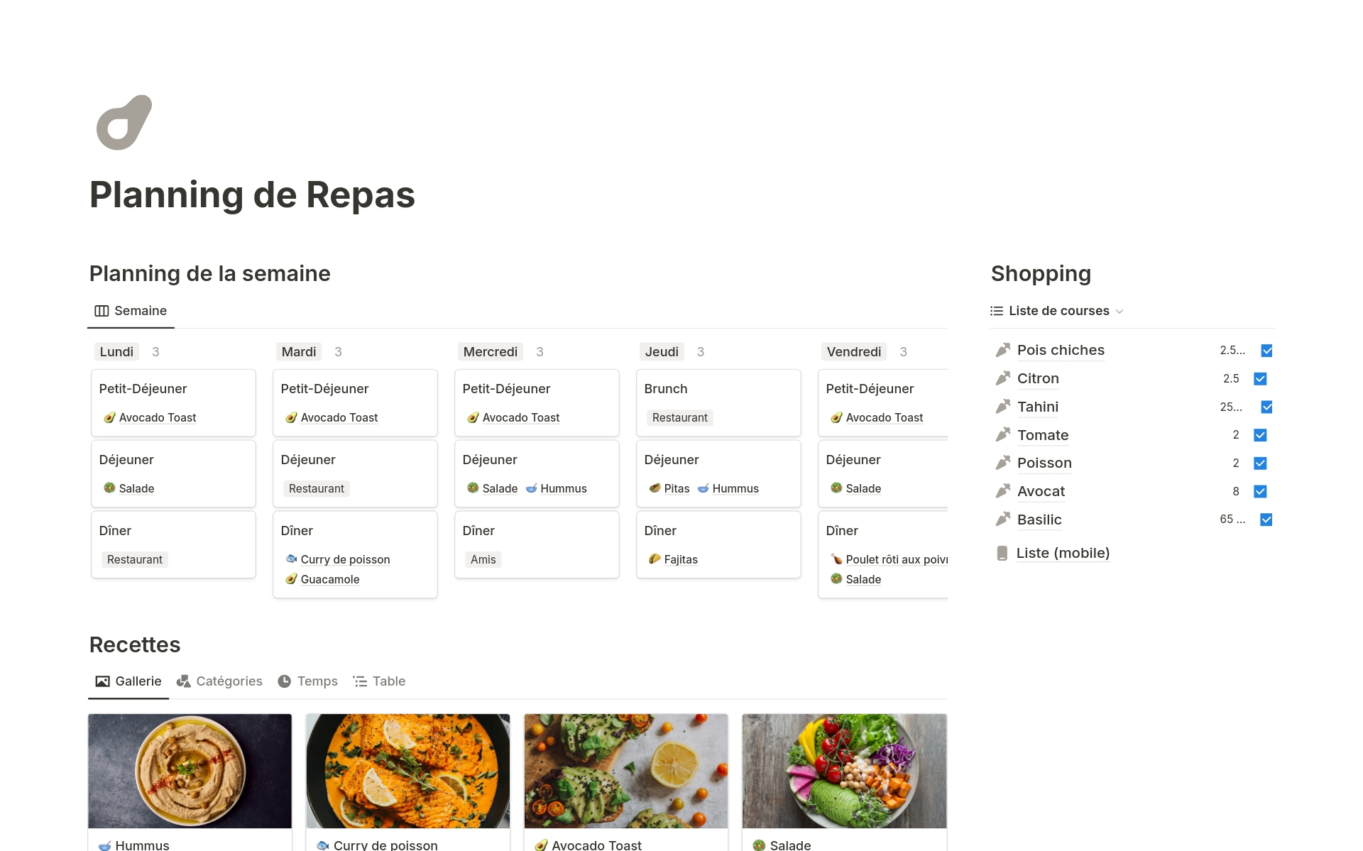 A template preview for Planning de Repas