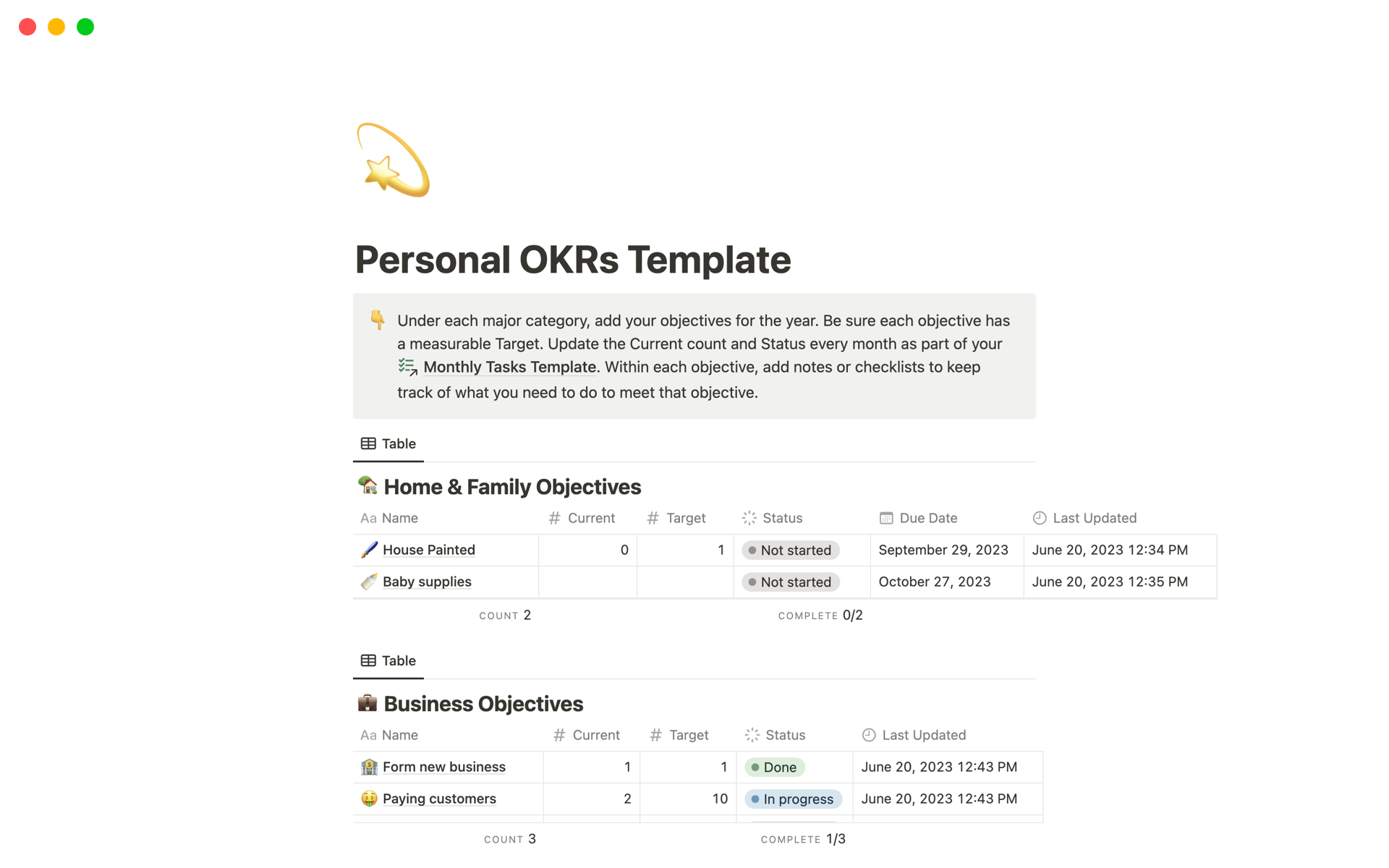 Vista previa de plantilla para Personal OKRs Template