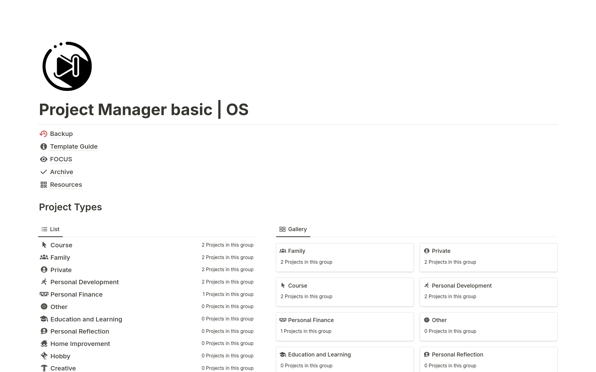 A template preview for Project Manager basic | OS