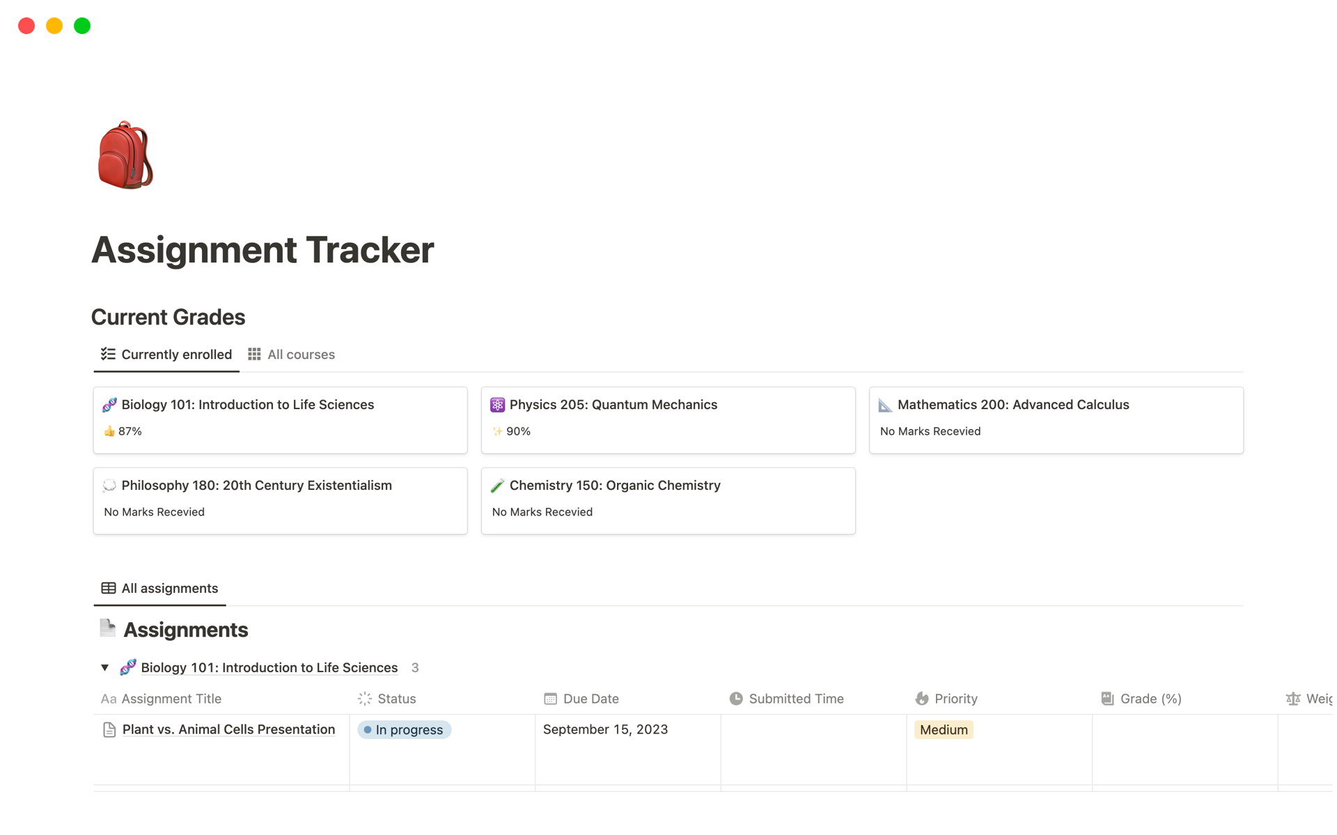Simplify academic tracking with automated updates to assignments and courses via Notion's Database Automations.
