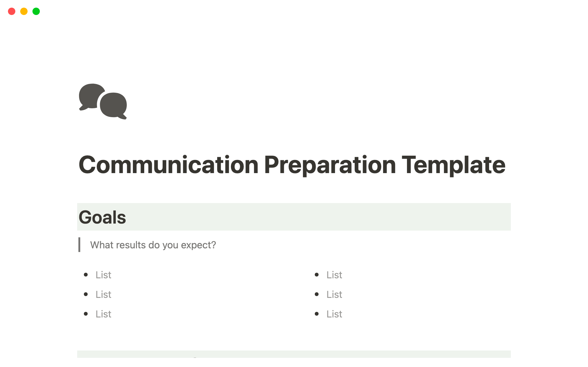 A template preview for Communication Preparation Template