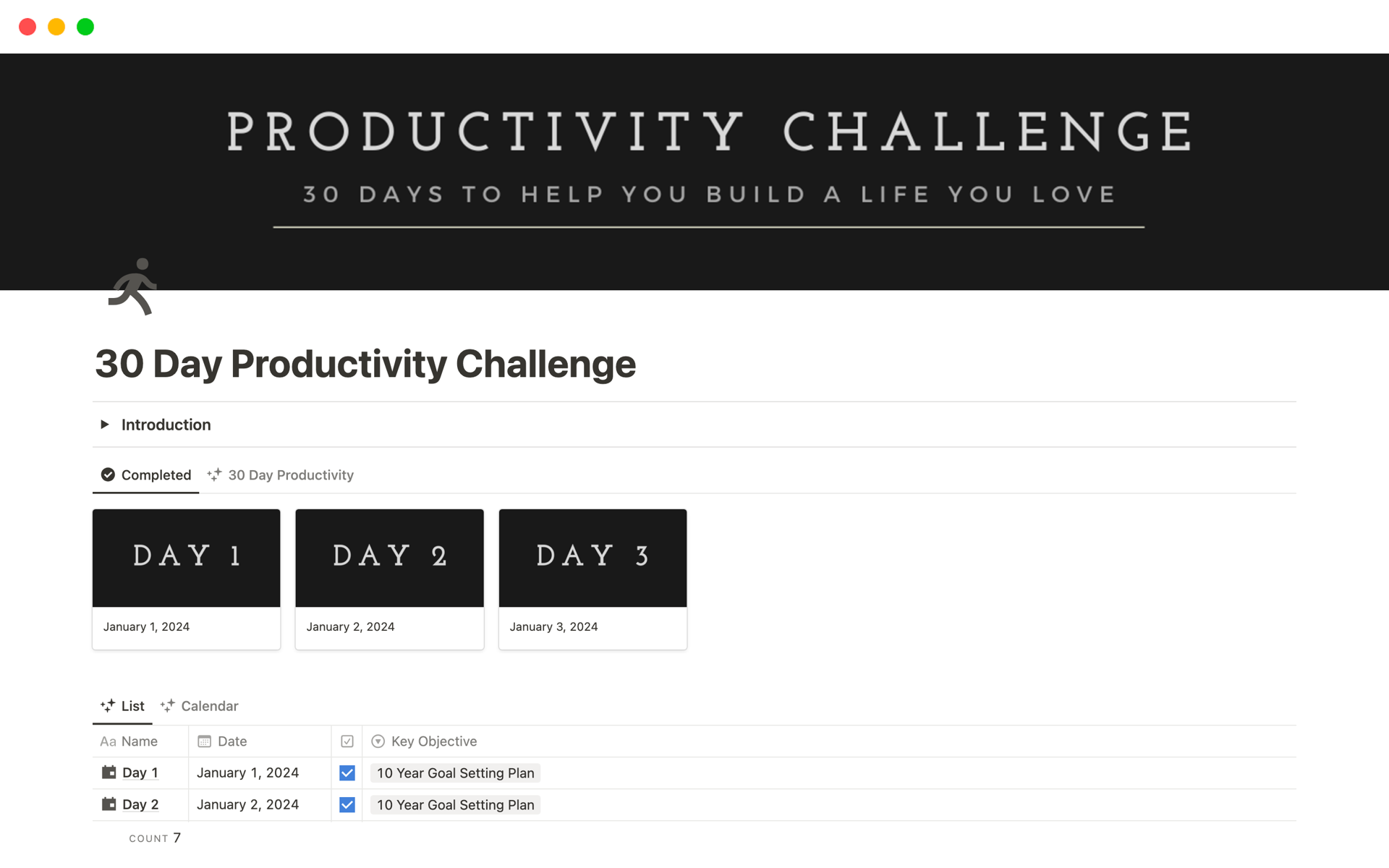 A template preview for 30 Day Productivity Challenge
