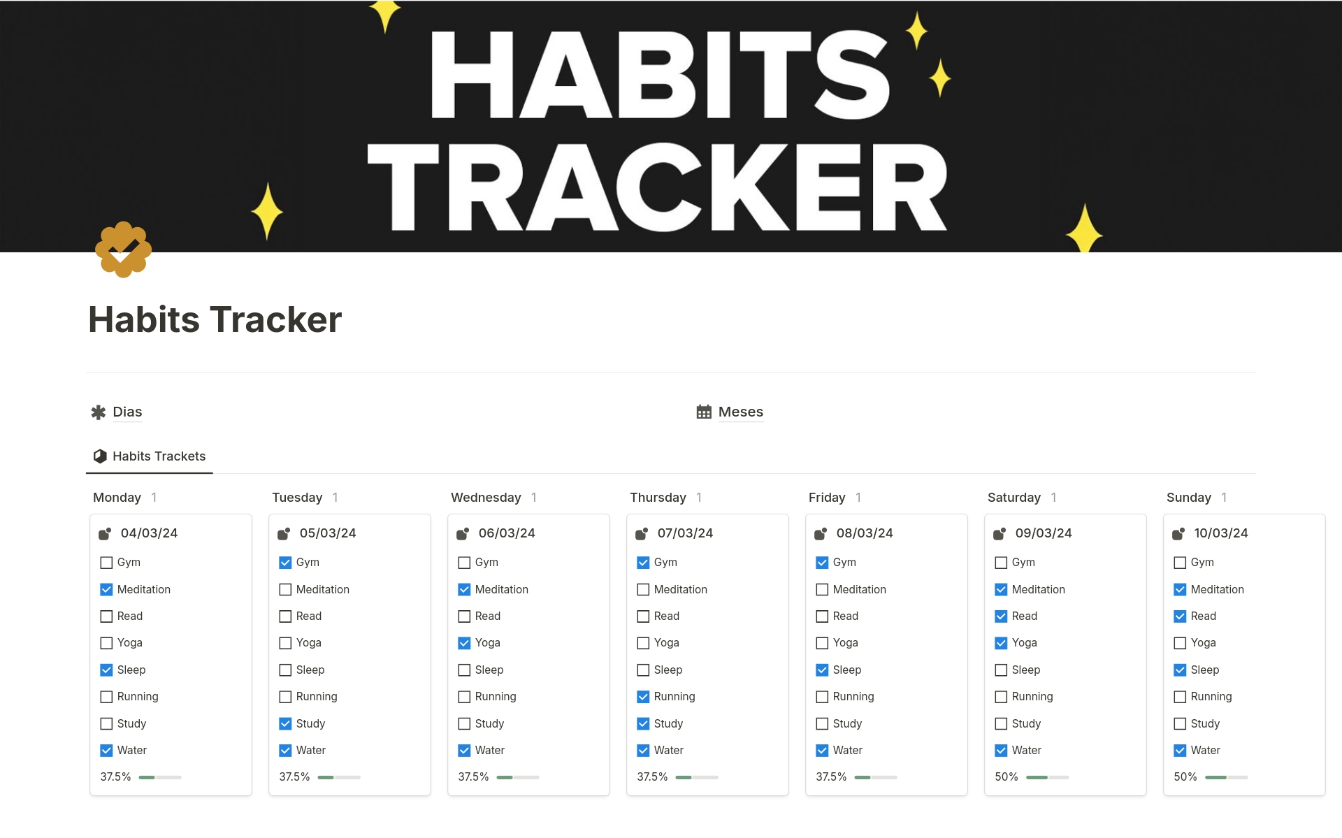 Vista previa de una plantilla para Habits Tracker