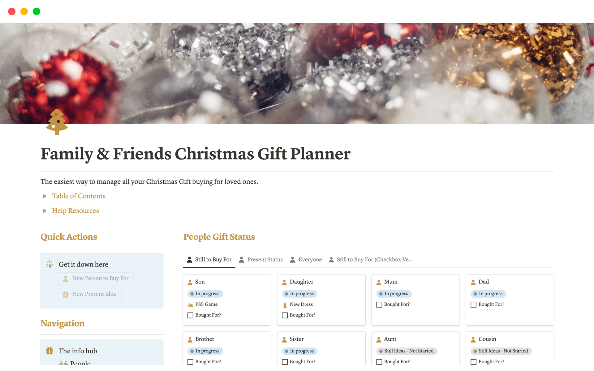 Uma prévia do modelo para Family & Friends Christmas Gift Planner
