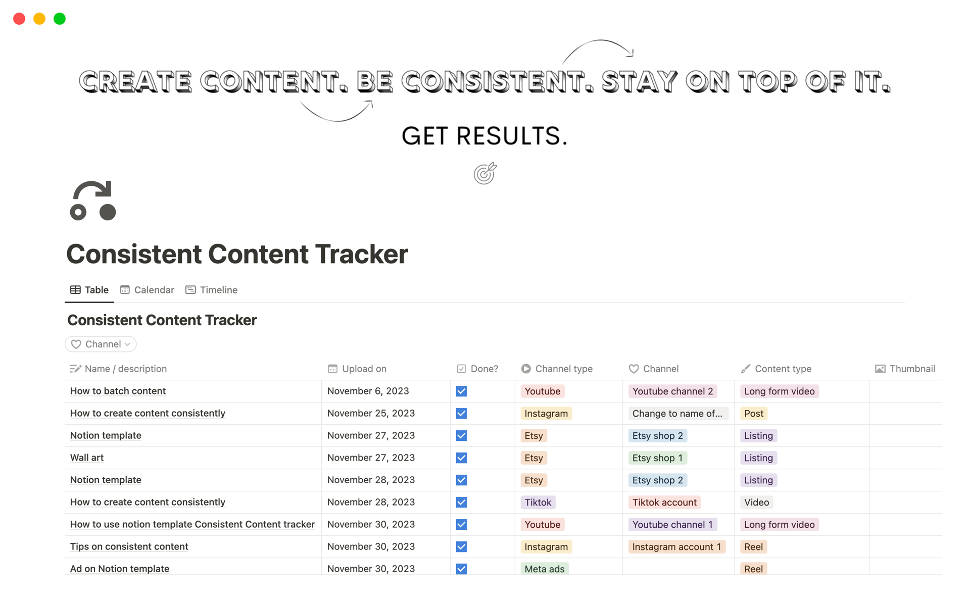 A template preview for Consistent Content Tracker