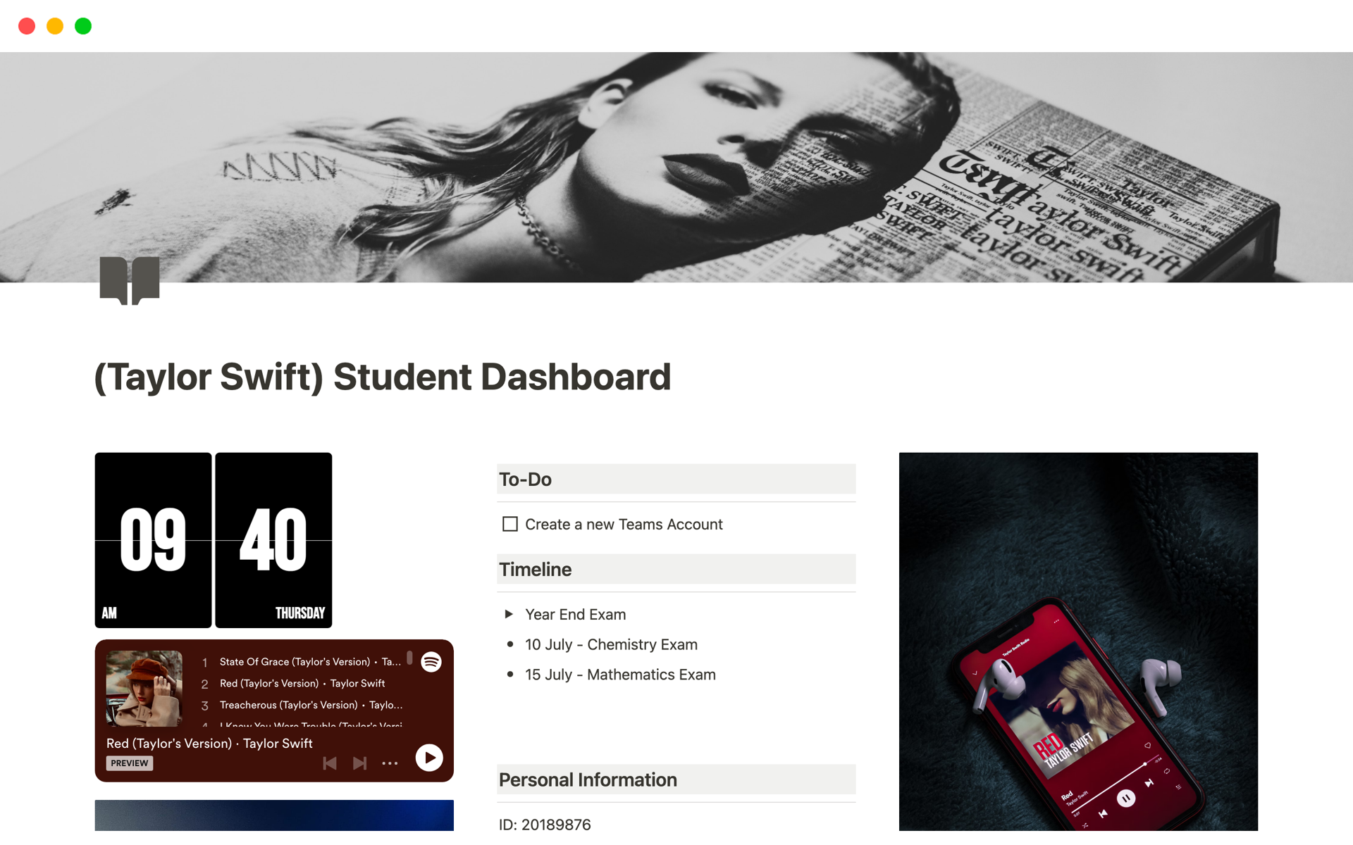 A template preview for (Taylor Swift) Student Dashboard