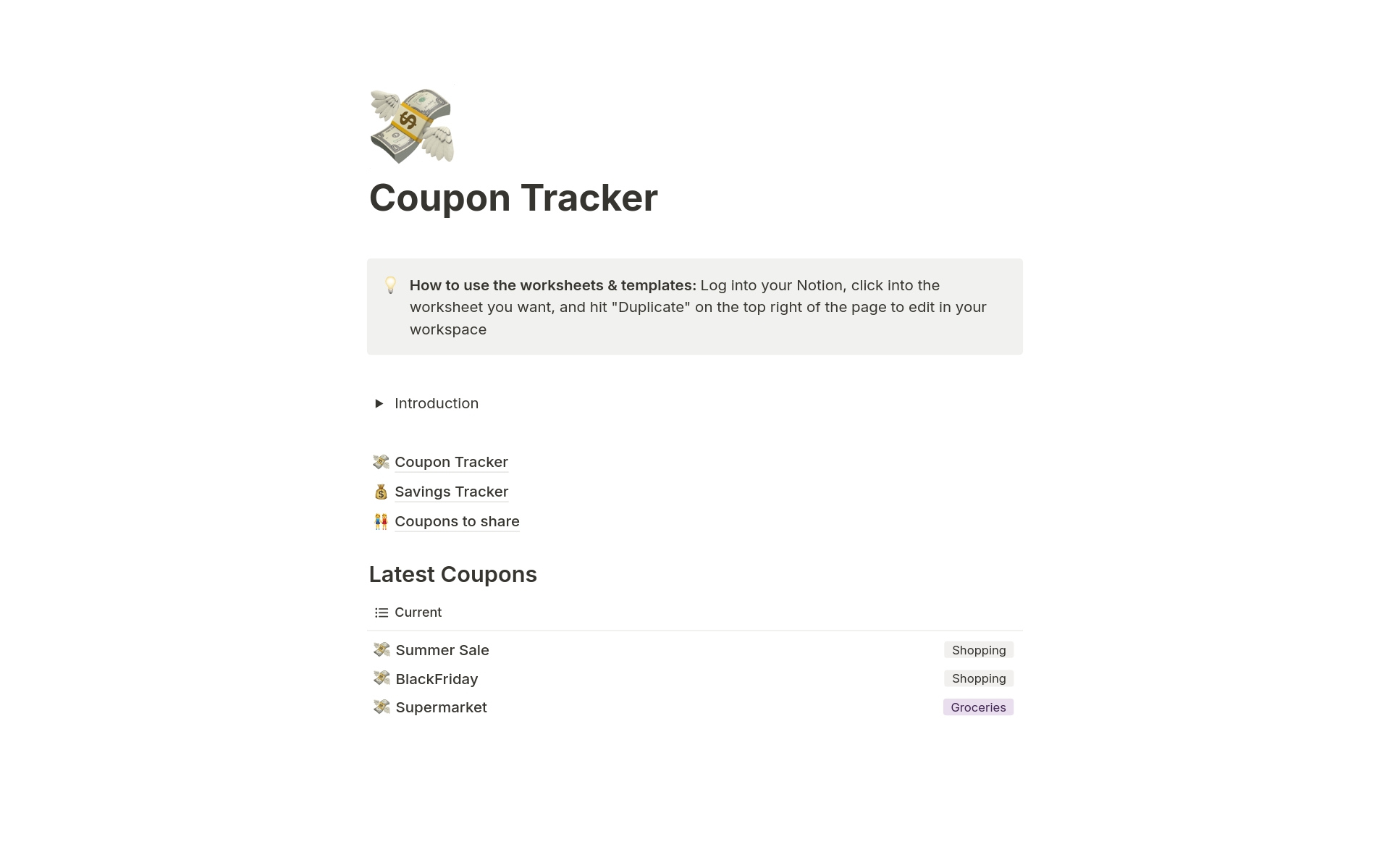 A template preview for Coupon Tracker