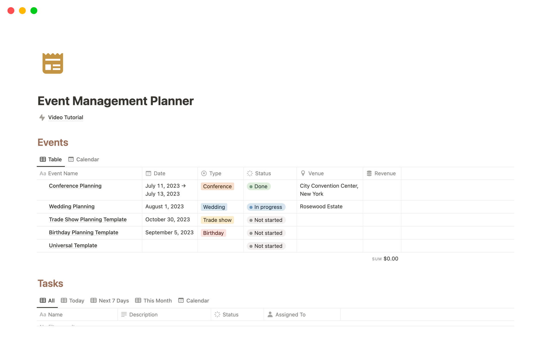 Vista previa de una plantilla para Event Management Planner