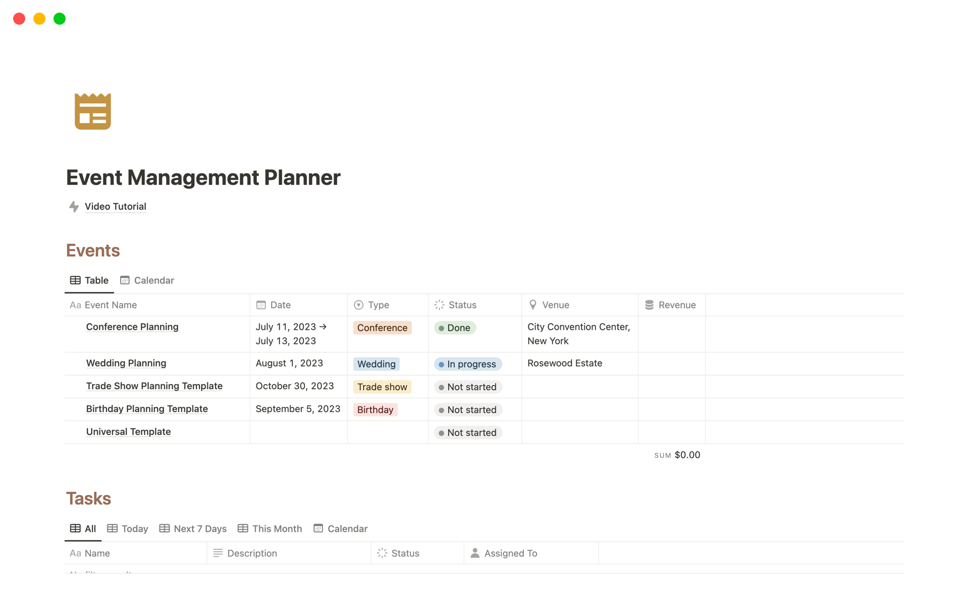 Eine Vorlagenvorschau für Event Management Planner