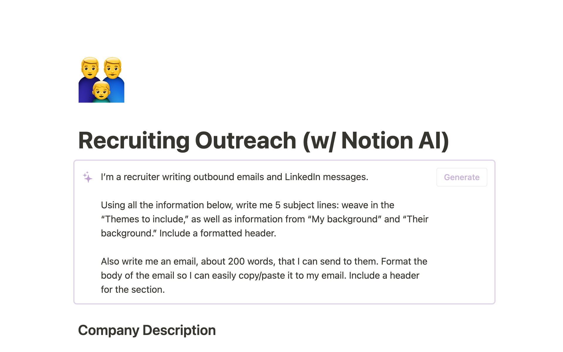 A template preview for Recruiting Outreach (w/ Notion AI)