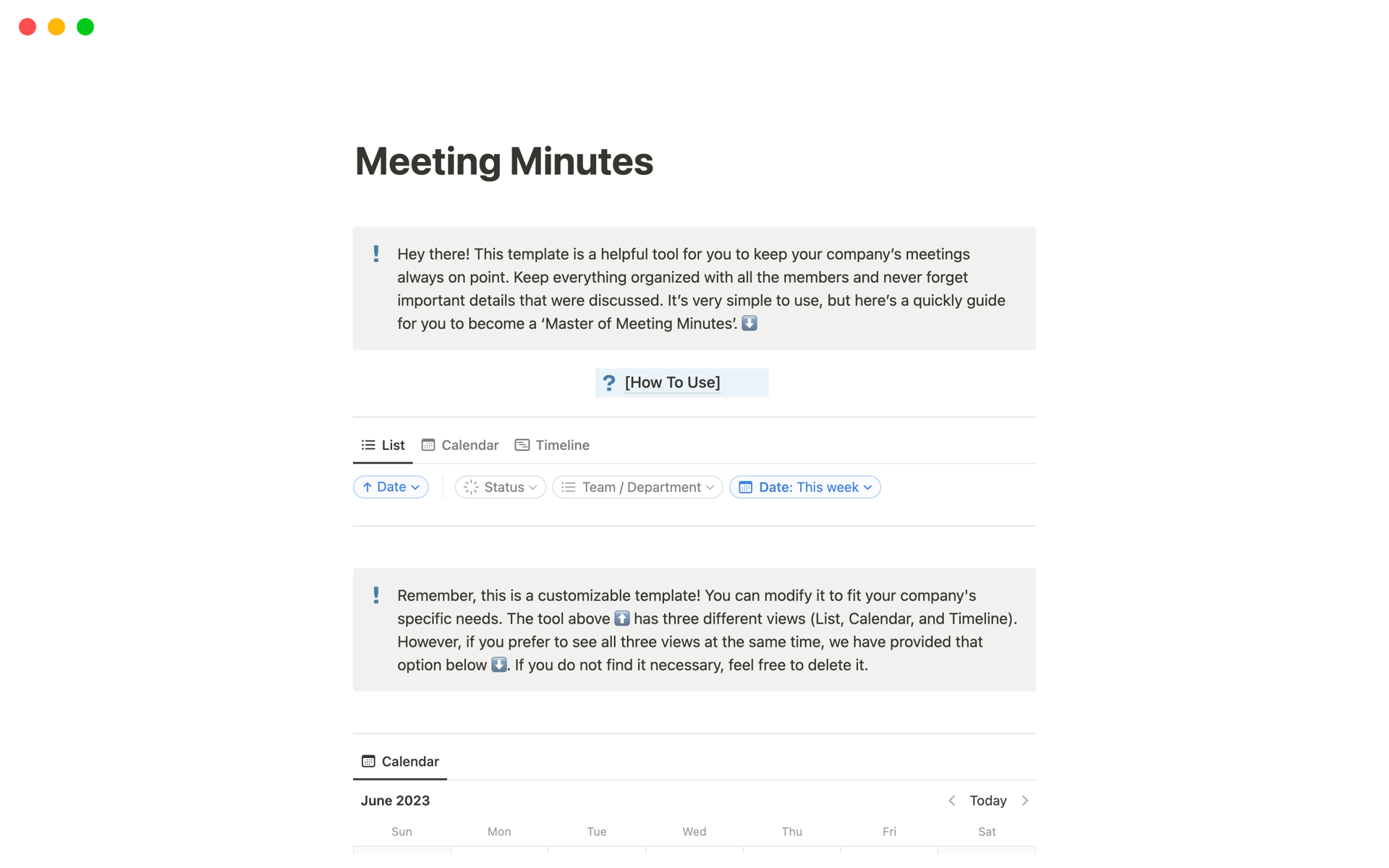 En forhåndsvisning av mal for Meeting Minutes